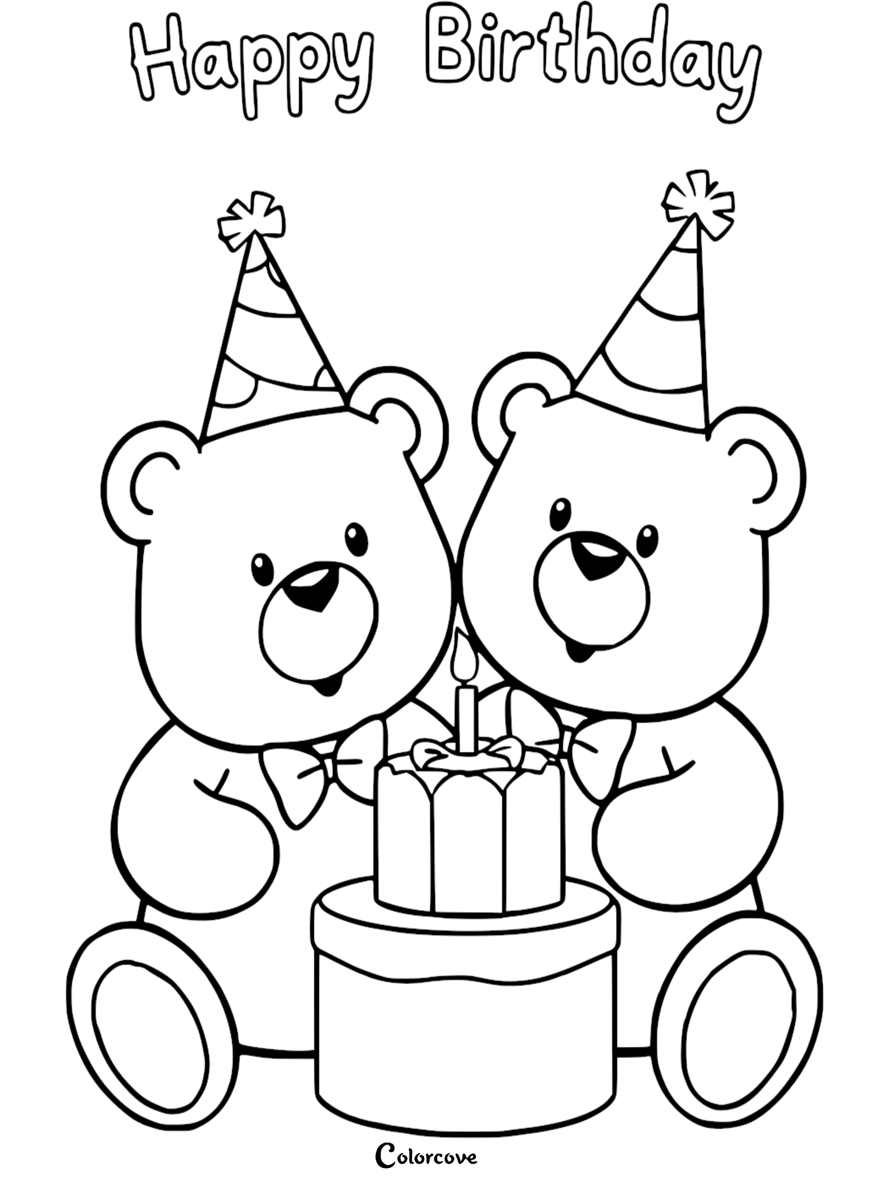 Two teddy bears in party hats with a birthday cake coloring page. Perfect for kids' birthday activities.