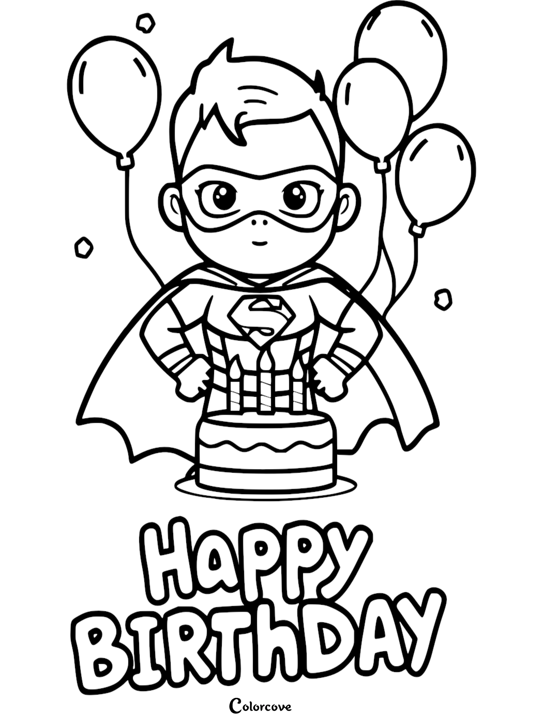 Superhero birthday coloring page with cape, balloons, and cake. Perfect for kids' birthday celebrations and activities.