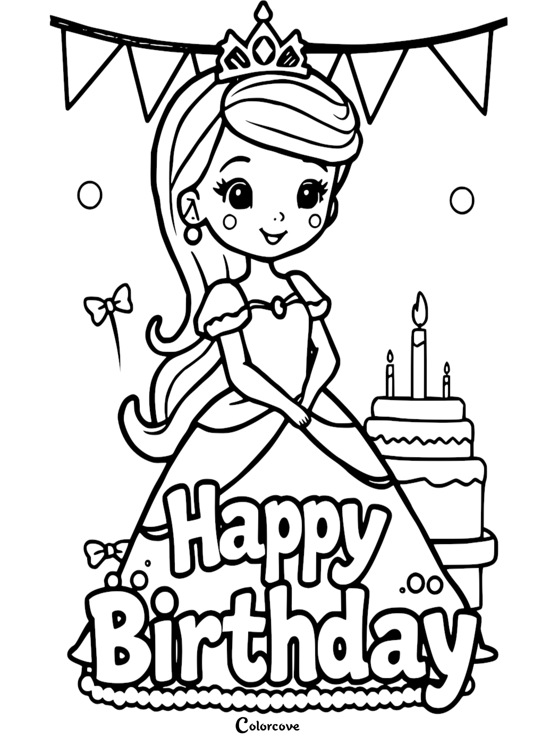 Princess birthday coloring page with cake and banner, perfect for kids' fun and creativity.