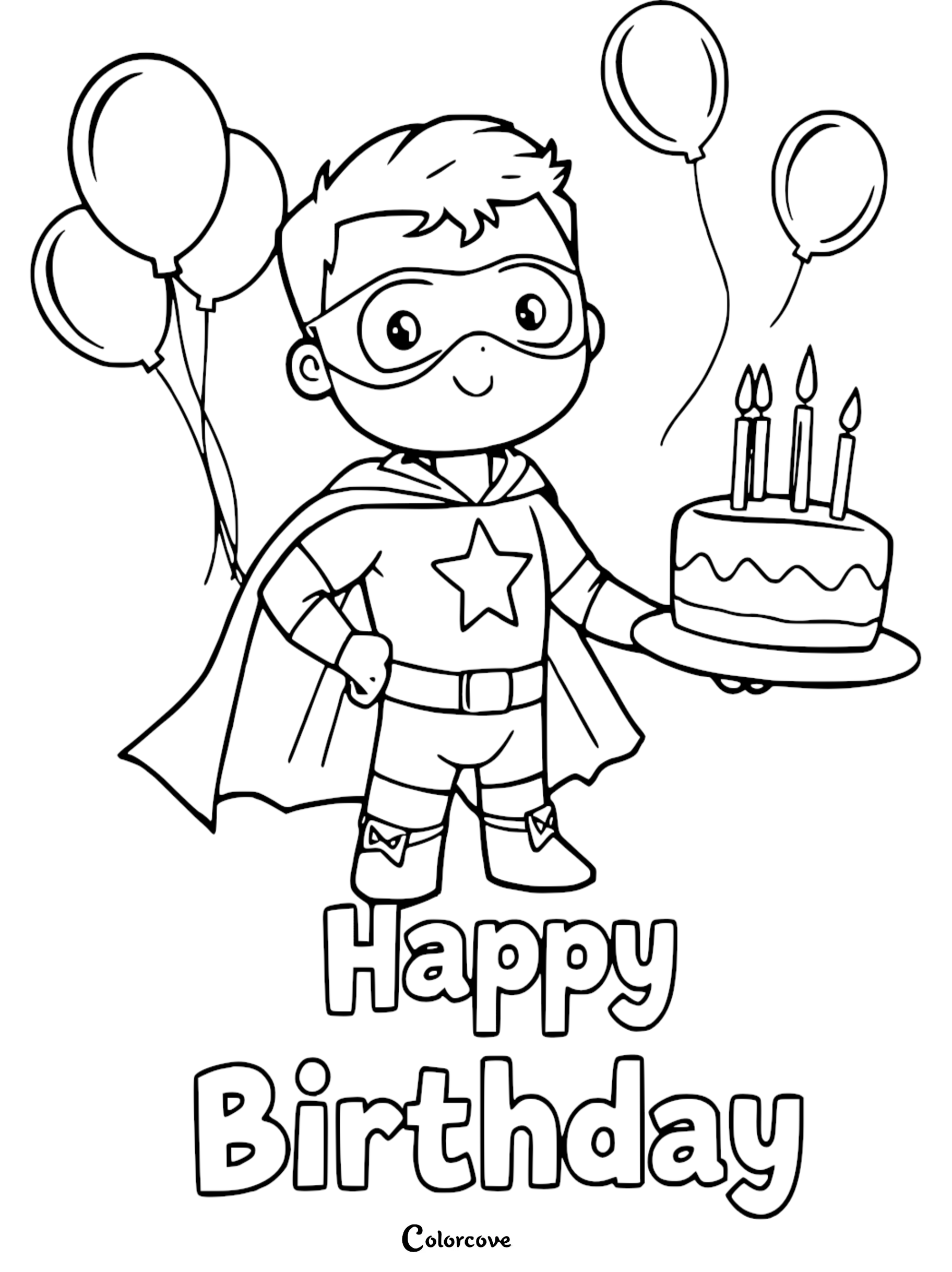 Superhero-themed birthday coloring page with cake and balloons.