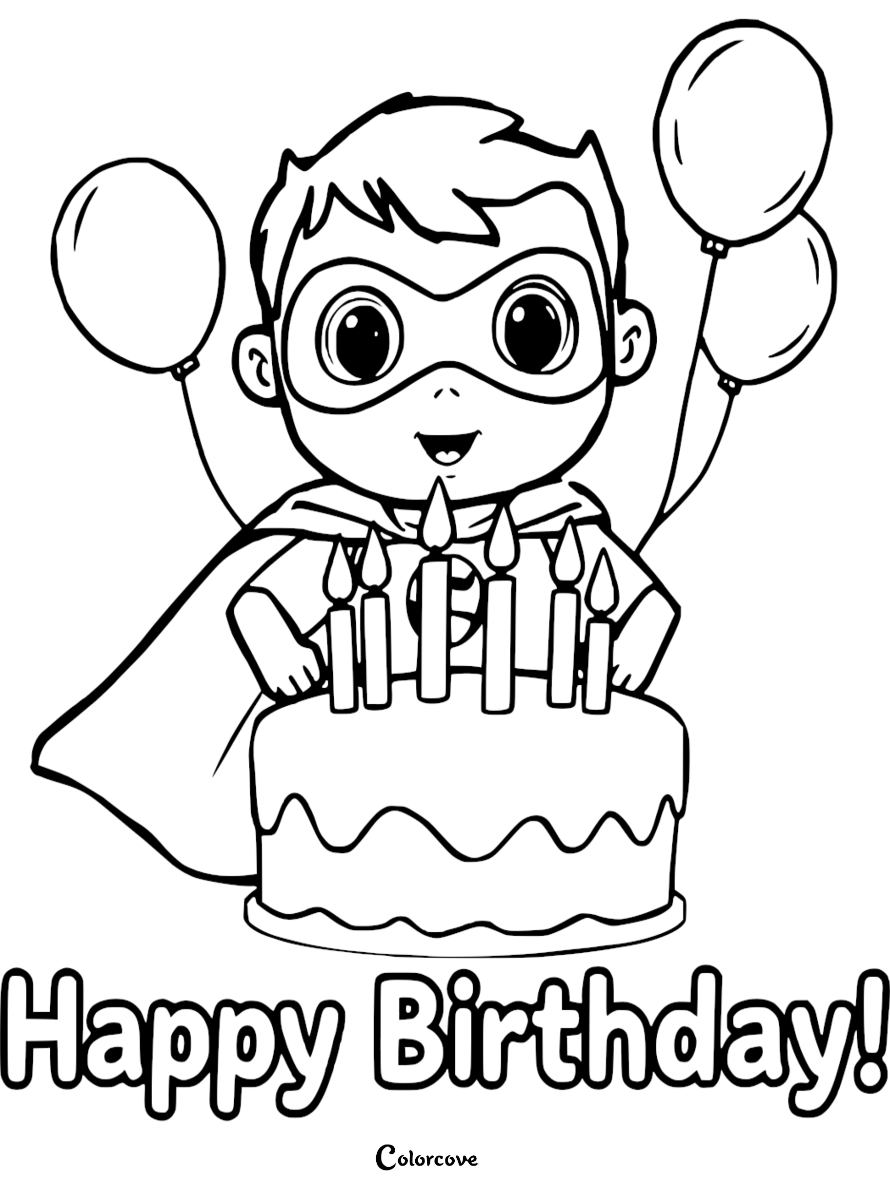 Superhero kid with birthday cake and balloons coloring page.