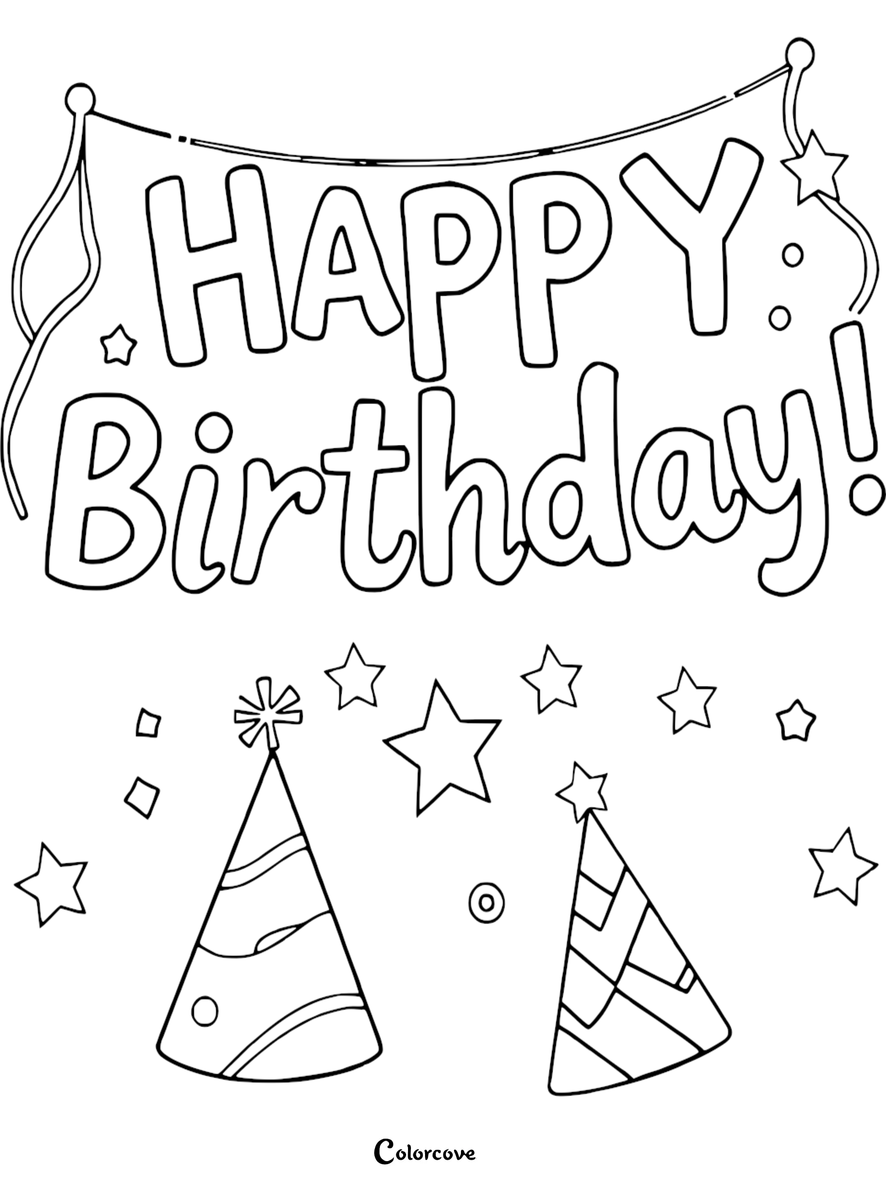 Happy Birthday coloring page with party hats and stars for kids to color and celebrate special occasions.