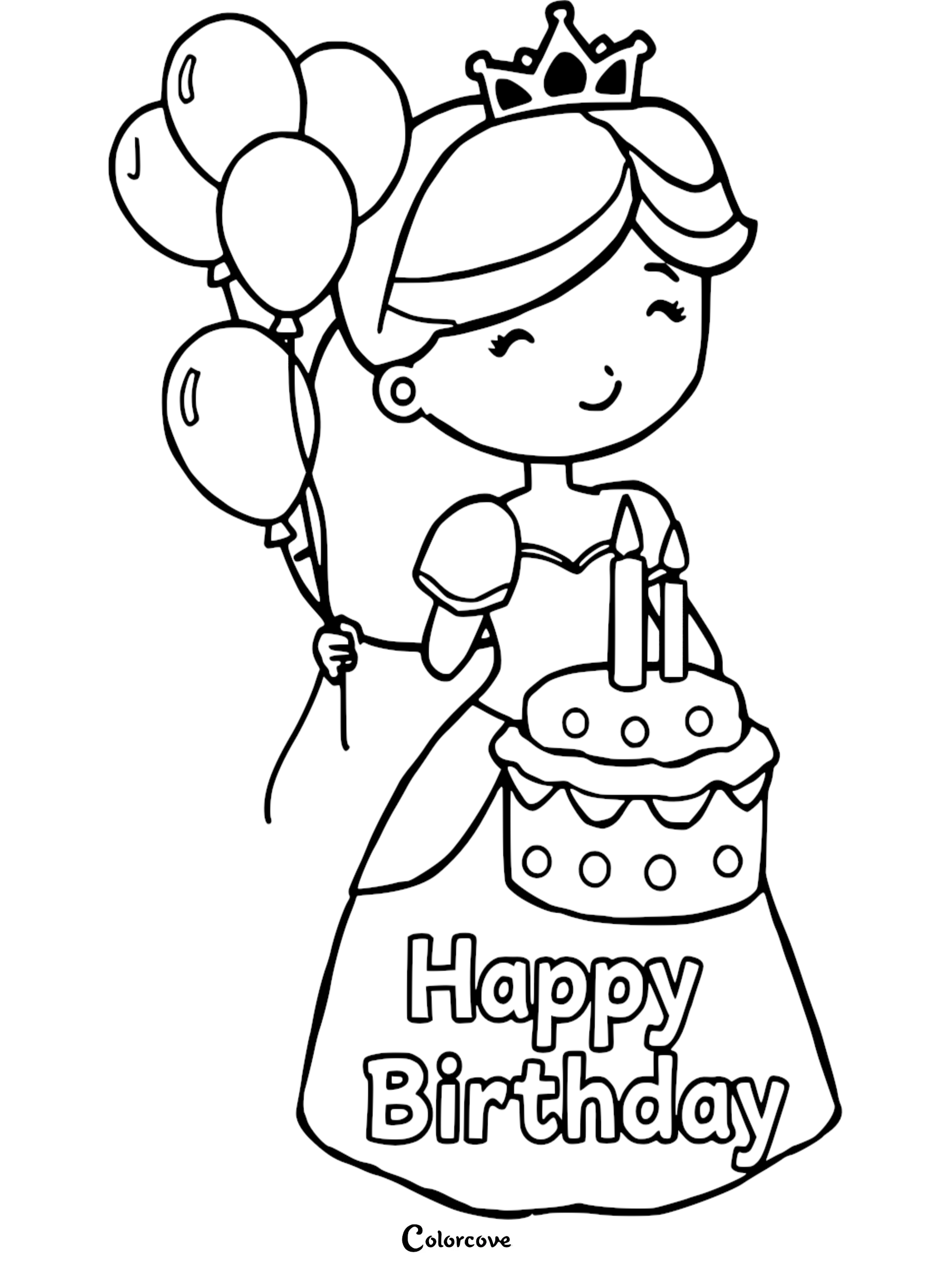 Princess with balloons and birthday cake coloring page for kids, featuring Happy Birthday text.