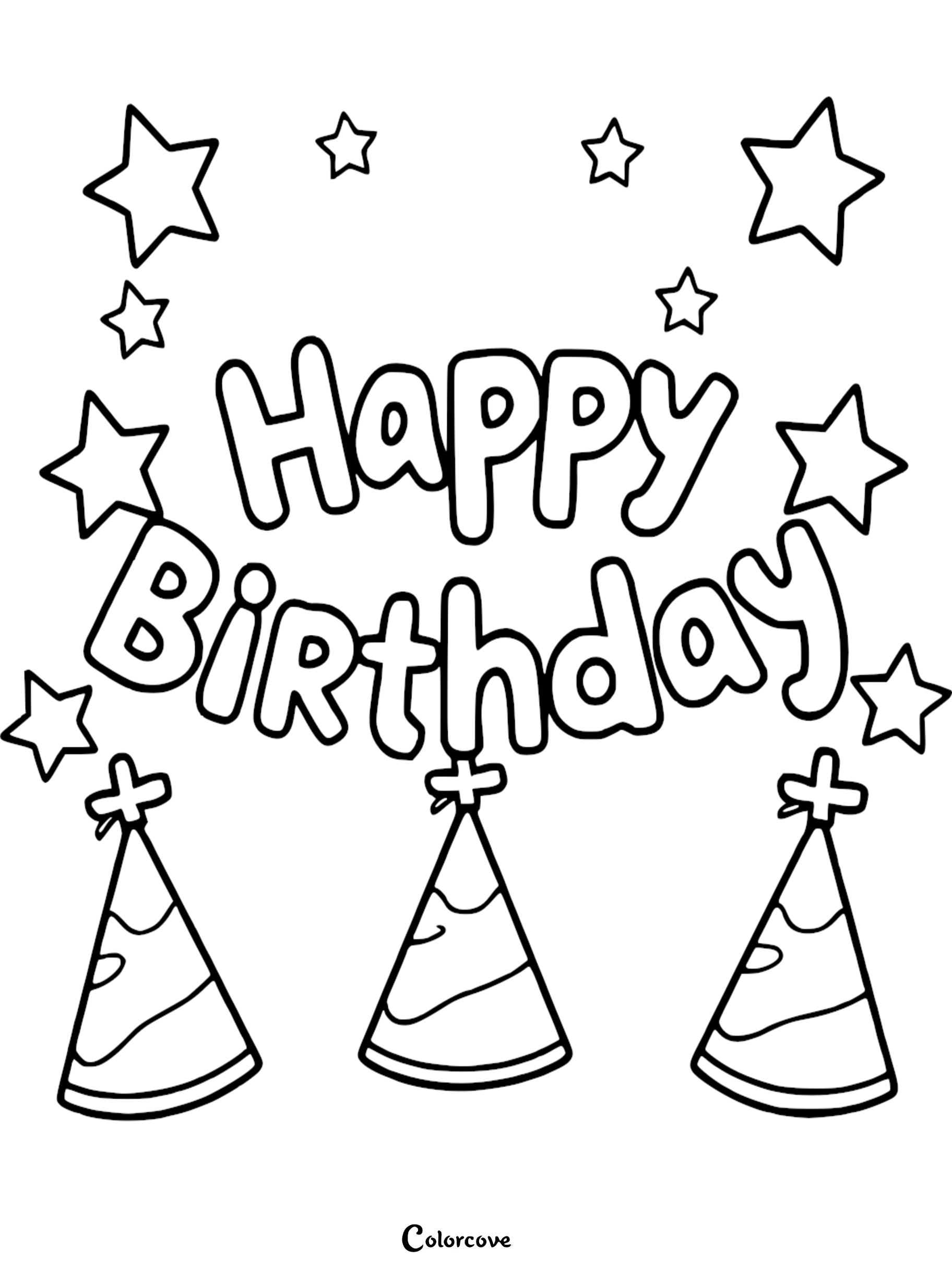Happy Birthday coloring page with stars and party hats, perfect for kids' printable activities and celebrations.