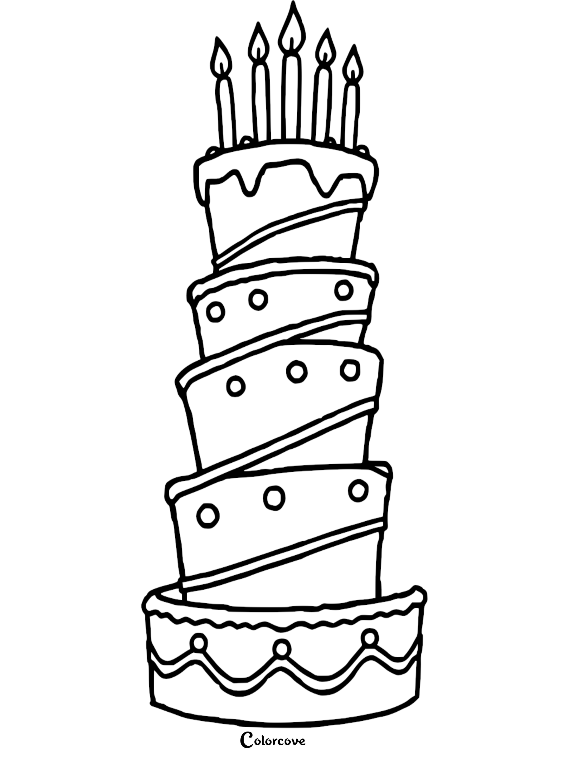 Coloring page of a tall, whimsical birthday cake with seven candles, ideal for creative kids and party themes.