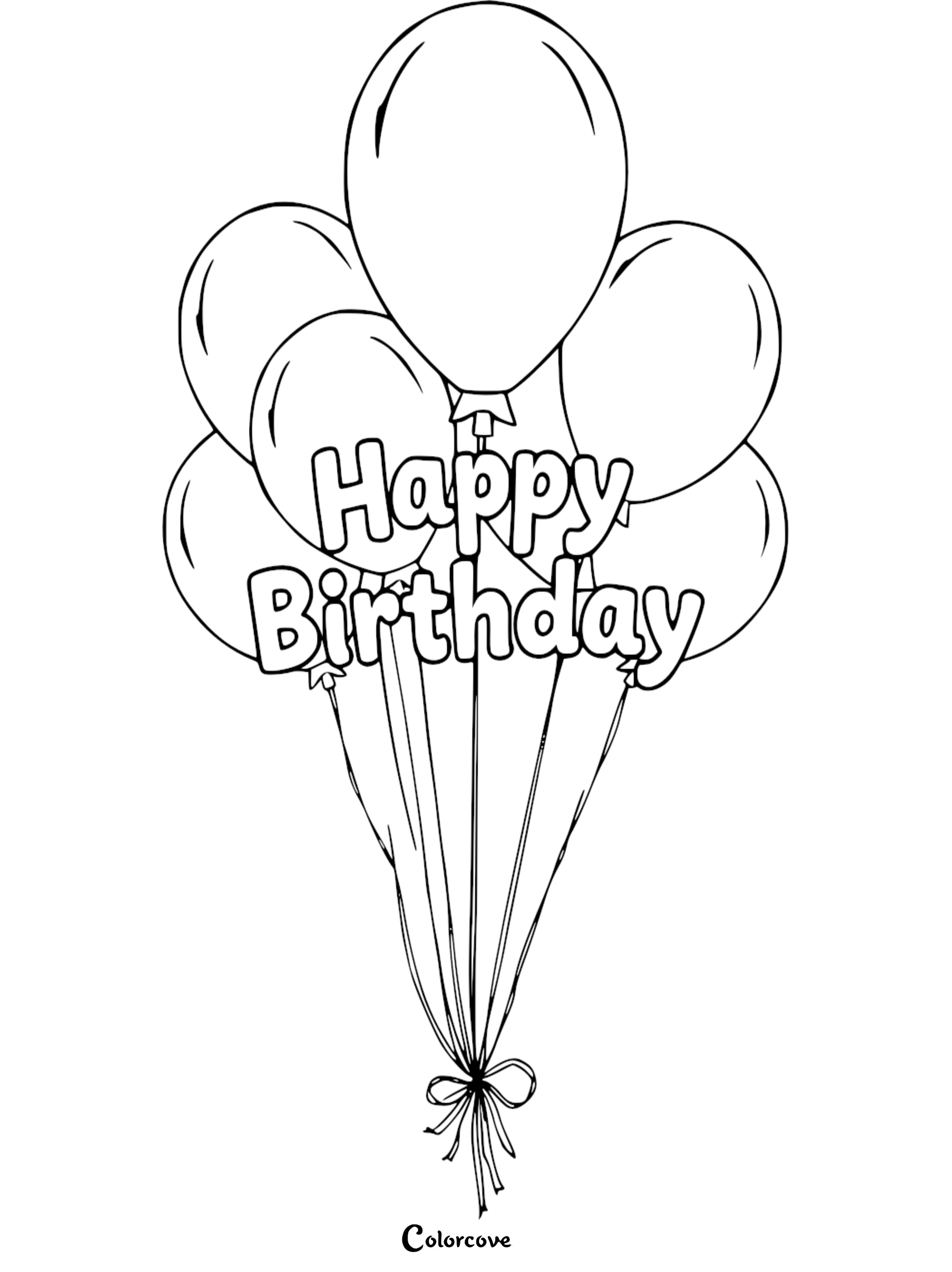 Happy Birthday coloring page with balloons, perfect for kids' printable activity.