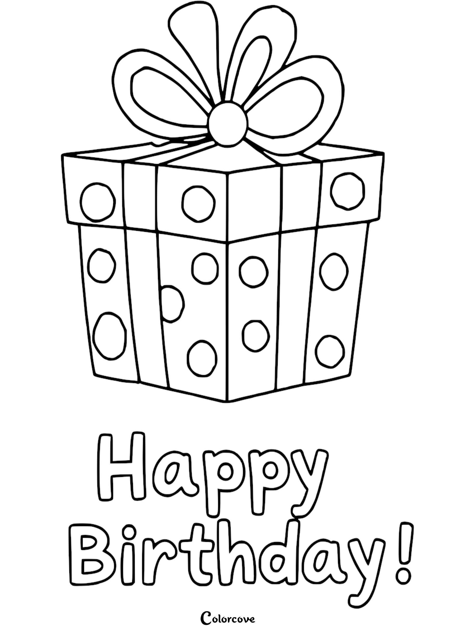 Birthday present coloring page with a large bow and the text Happy Birthday! Perfect for kids to color and enjoy.
