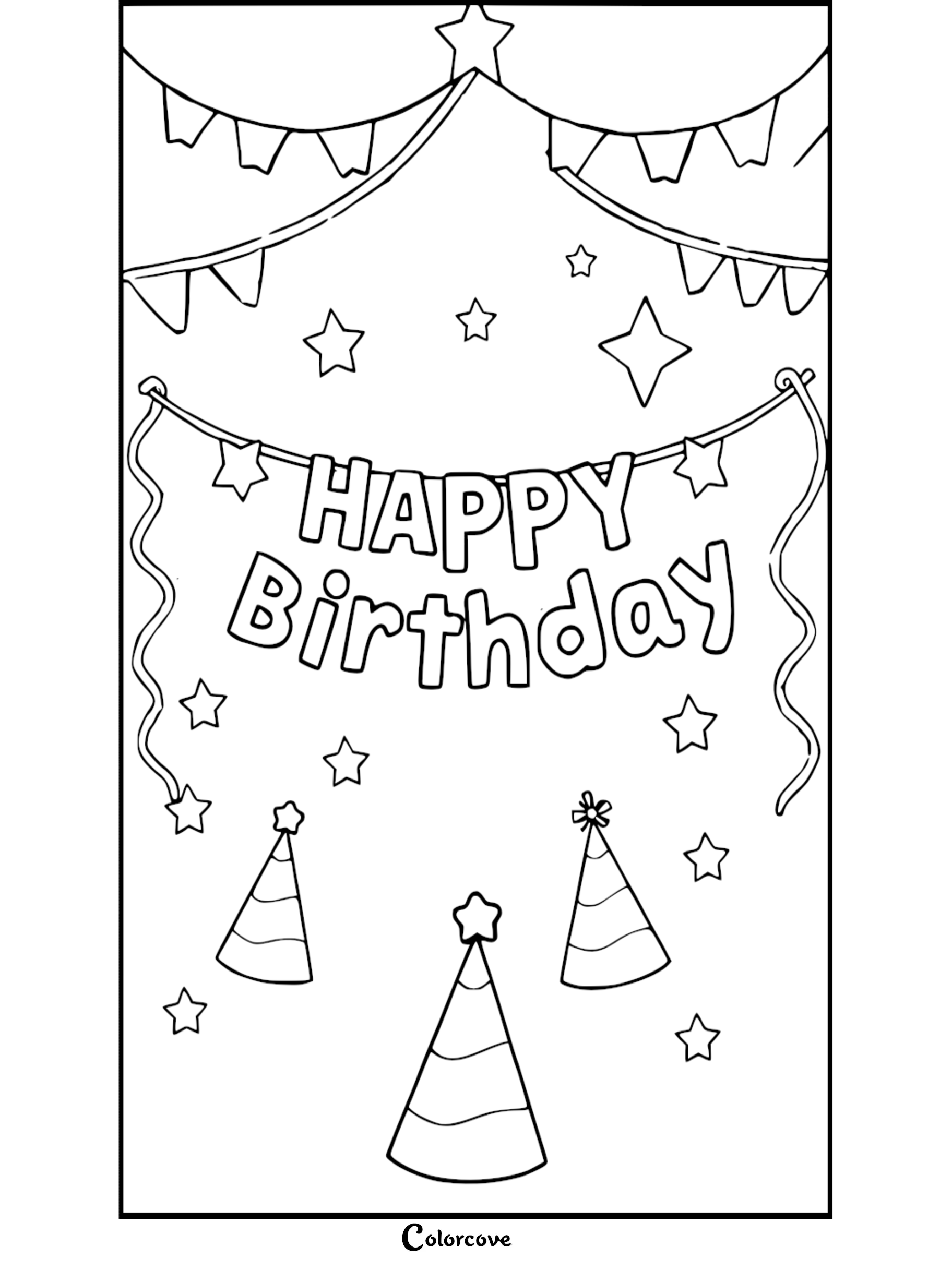 Birthday coloring page with stars, banners, hats, and 'Happy Birthday' text. Perfect for kids' creative fun.