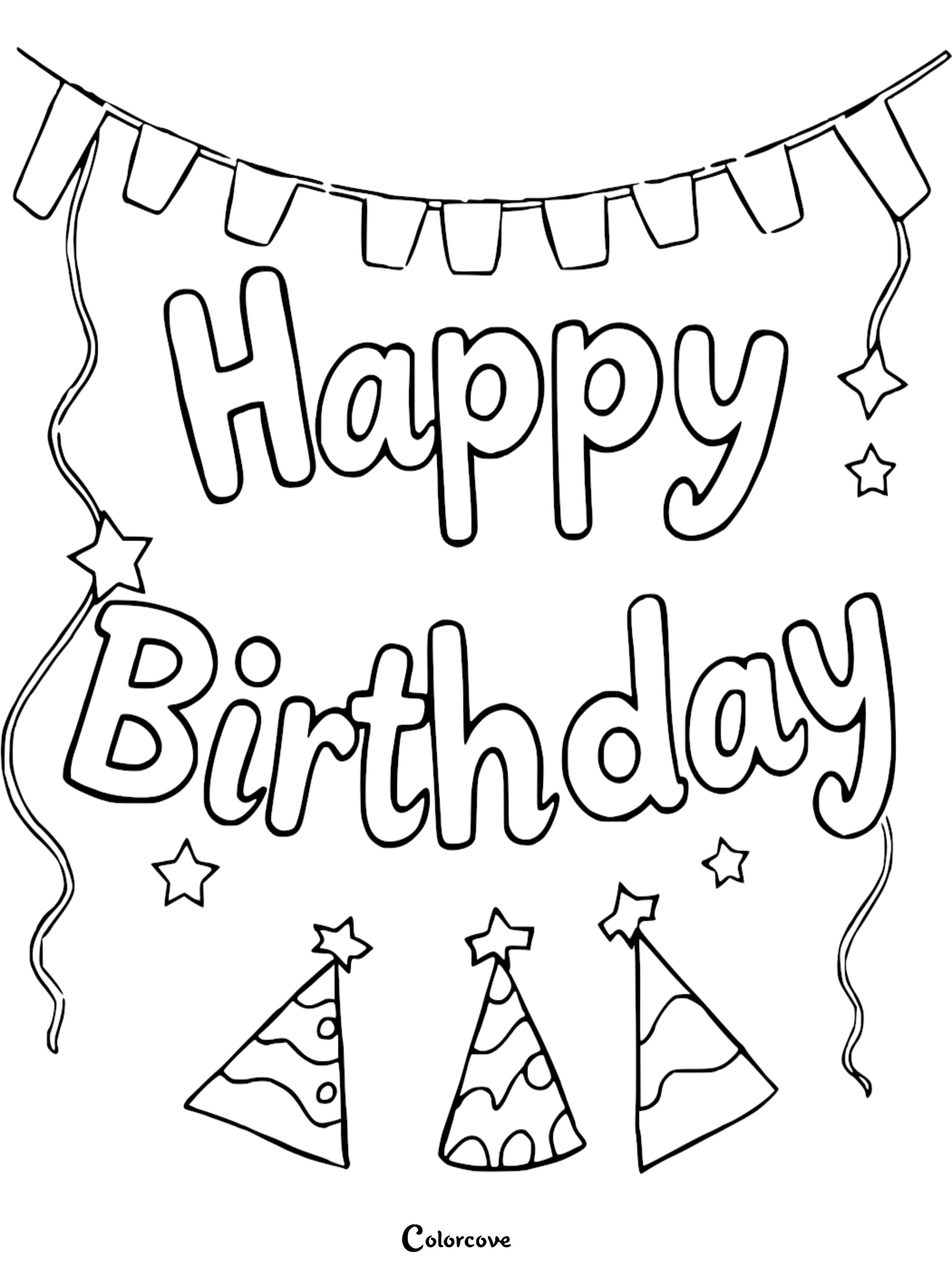 Happy Birthday coloring page with festive banners, stars, and party hats for kids. Perfect for birthday activity fun.