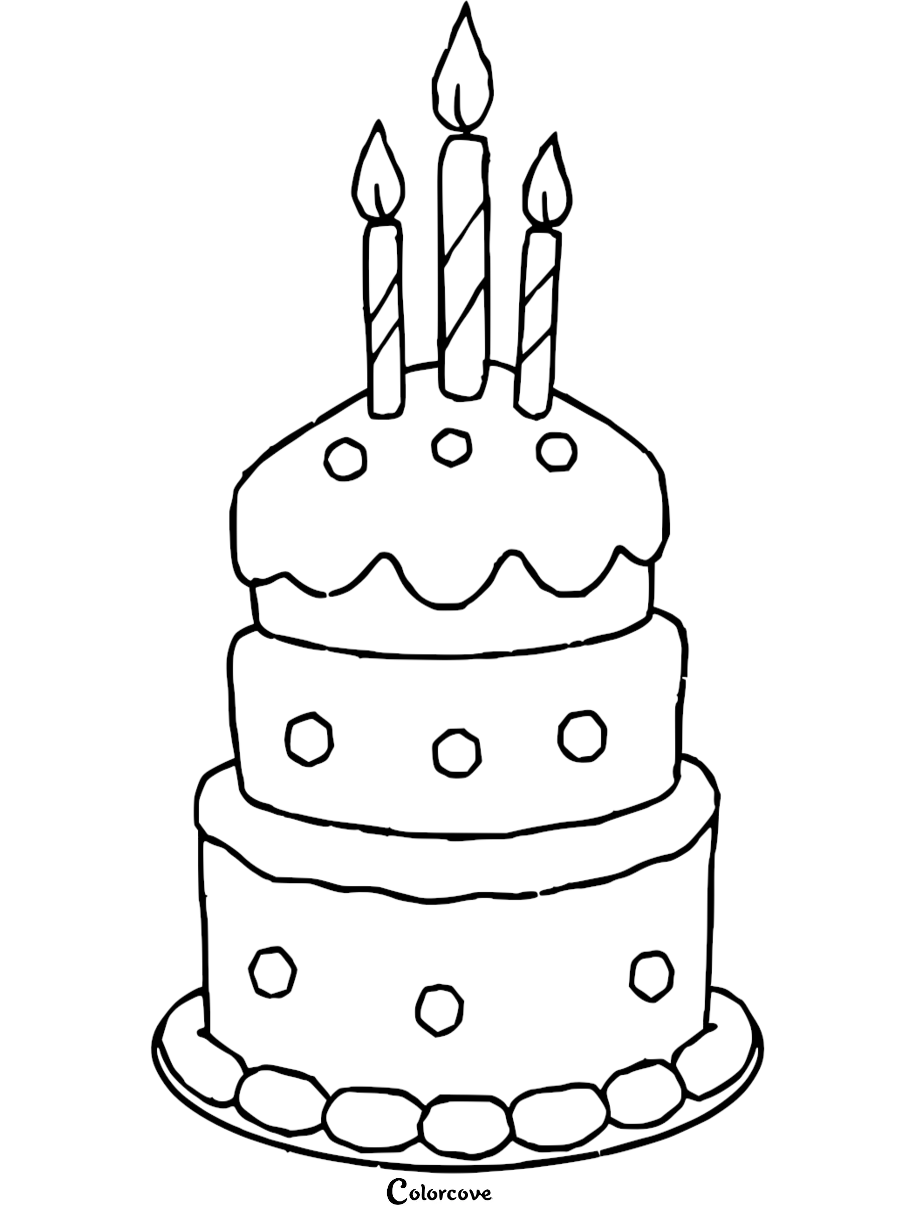 Birthday cake coloring page with three candles. Perfect for kids' party coloring activities.