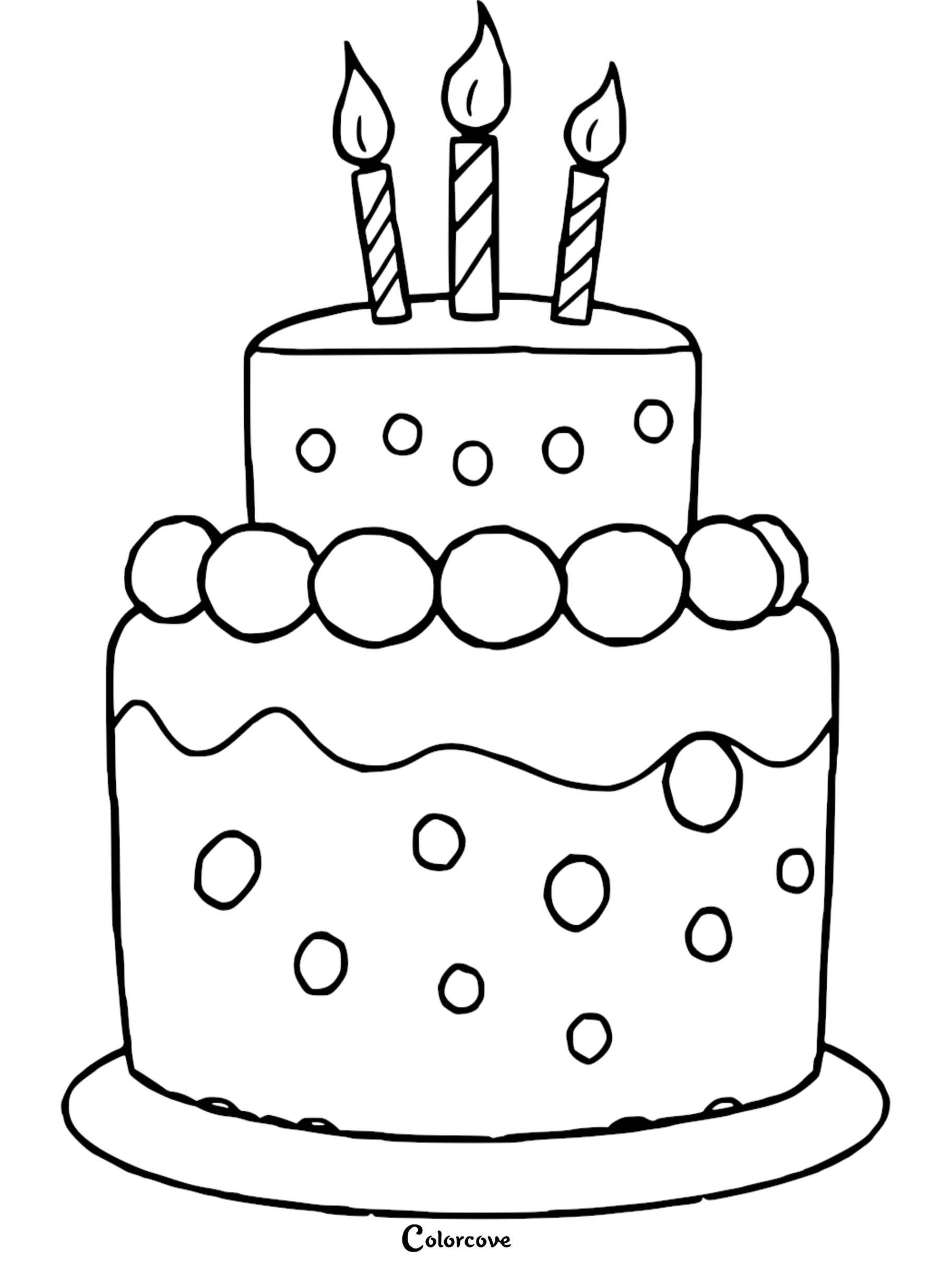 Coloring page: two-tier birthday cake with three candles, polka dots, and decorative icing.