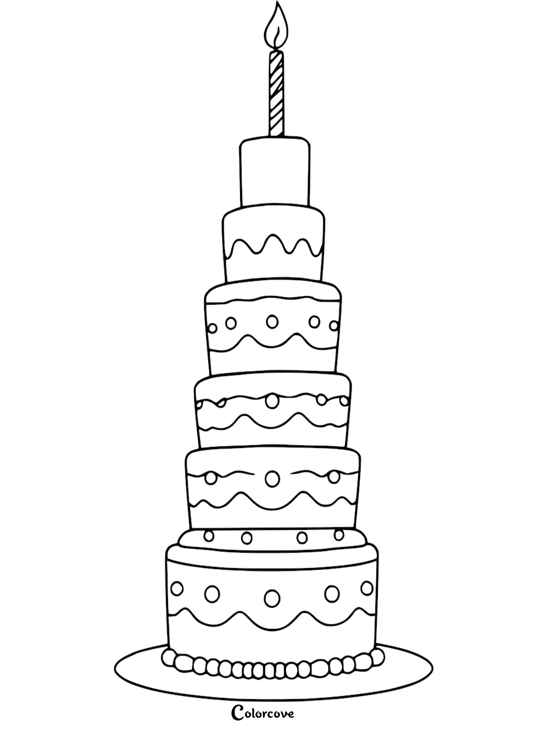 Five-tier cake coloring page with candle, decorative patterns, and icing design. Perfect for kids' birthday activities.