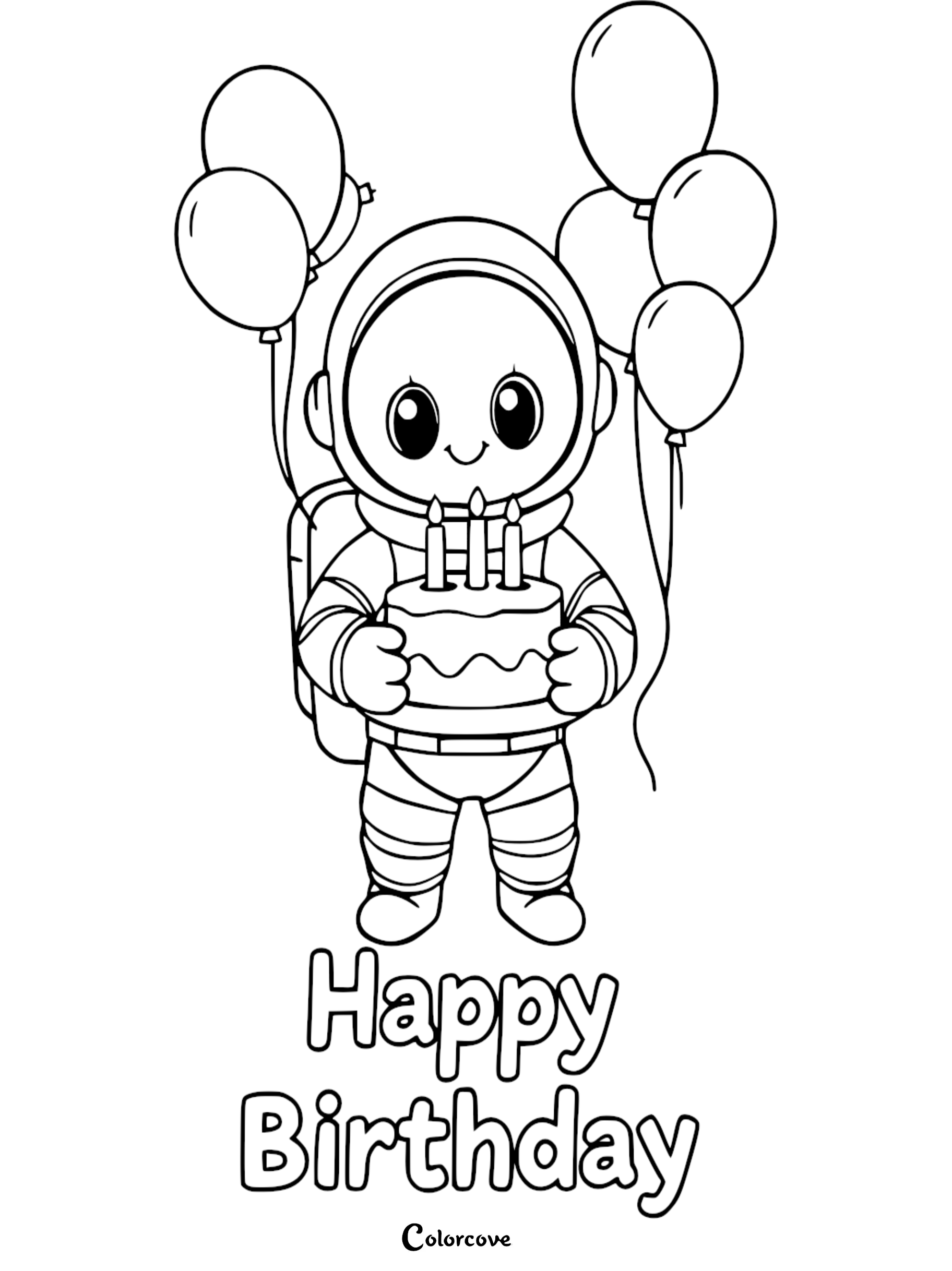 Astronaut holding birthday cake with balloons, Happy Birthday coloring page for kids - colorcove.org.