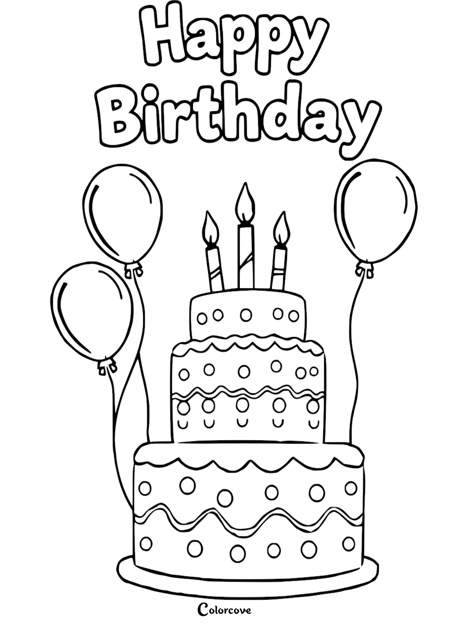 Happy Birthday coloring page with a cake, balloons, and candles. Perfect for kids' party activities.