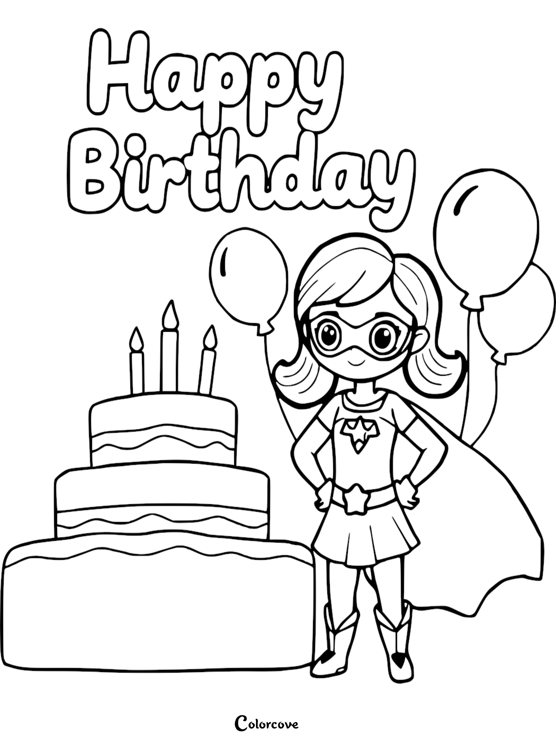 Superhero girl birthday coloring page with cake, balloons, and Happy Birthday text.