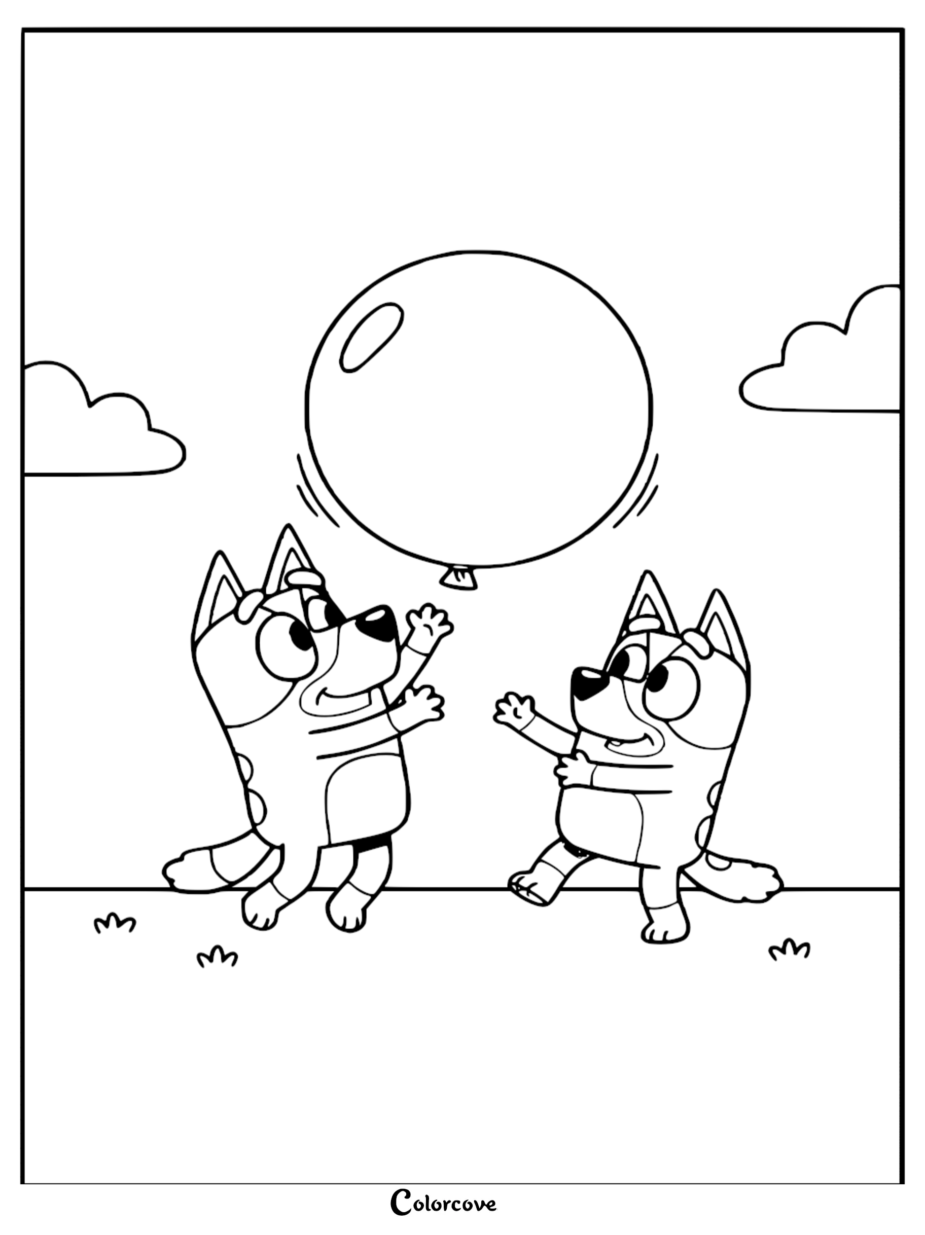 A detailed coloring page of Bluey and Bingo playing Keepy Uppy with a large balloon under a cloudy sky.