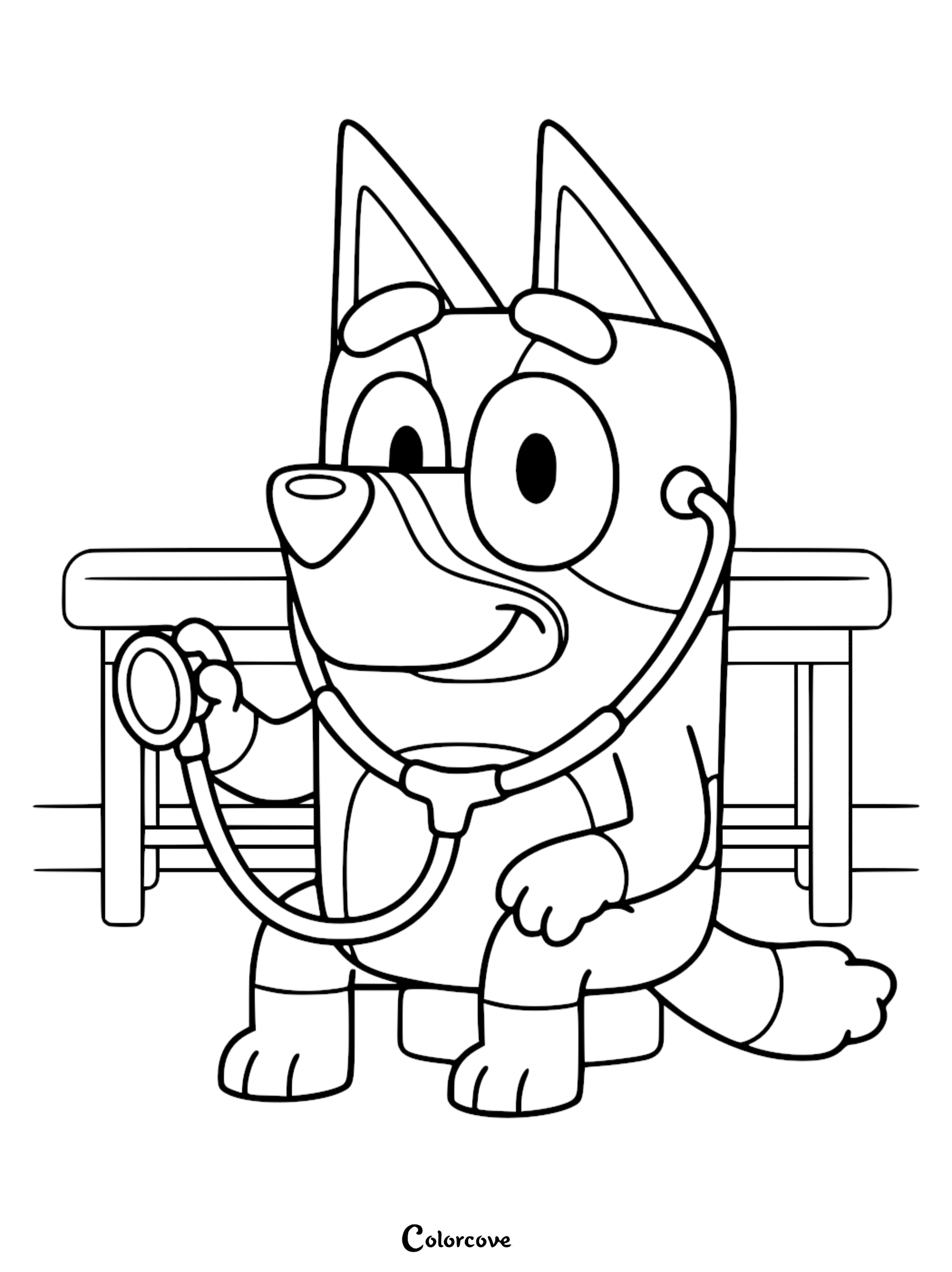 A detailed line art coloring page of Bluey wearing a stethoscope and holding the chest piece while sitting in front of a wooden bench.