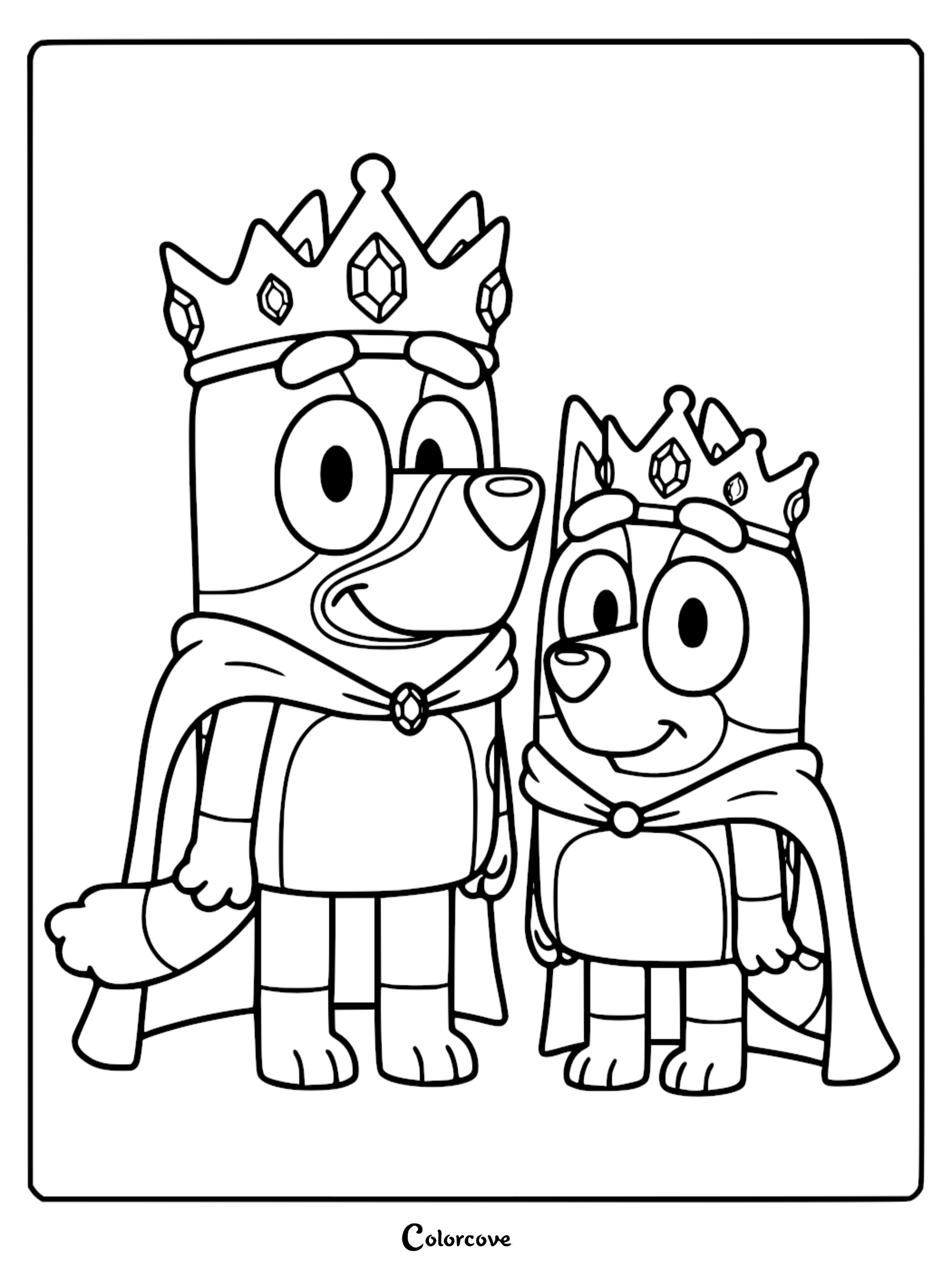 A detailed line art coloring page of Bluey and Bingo wearing jeweled crowns and royal capes with circular clasps.