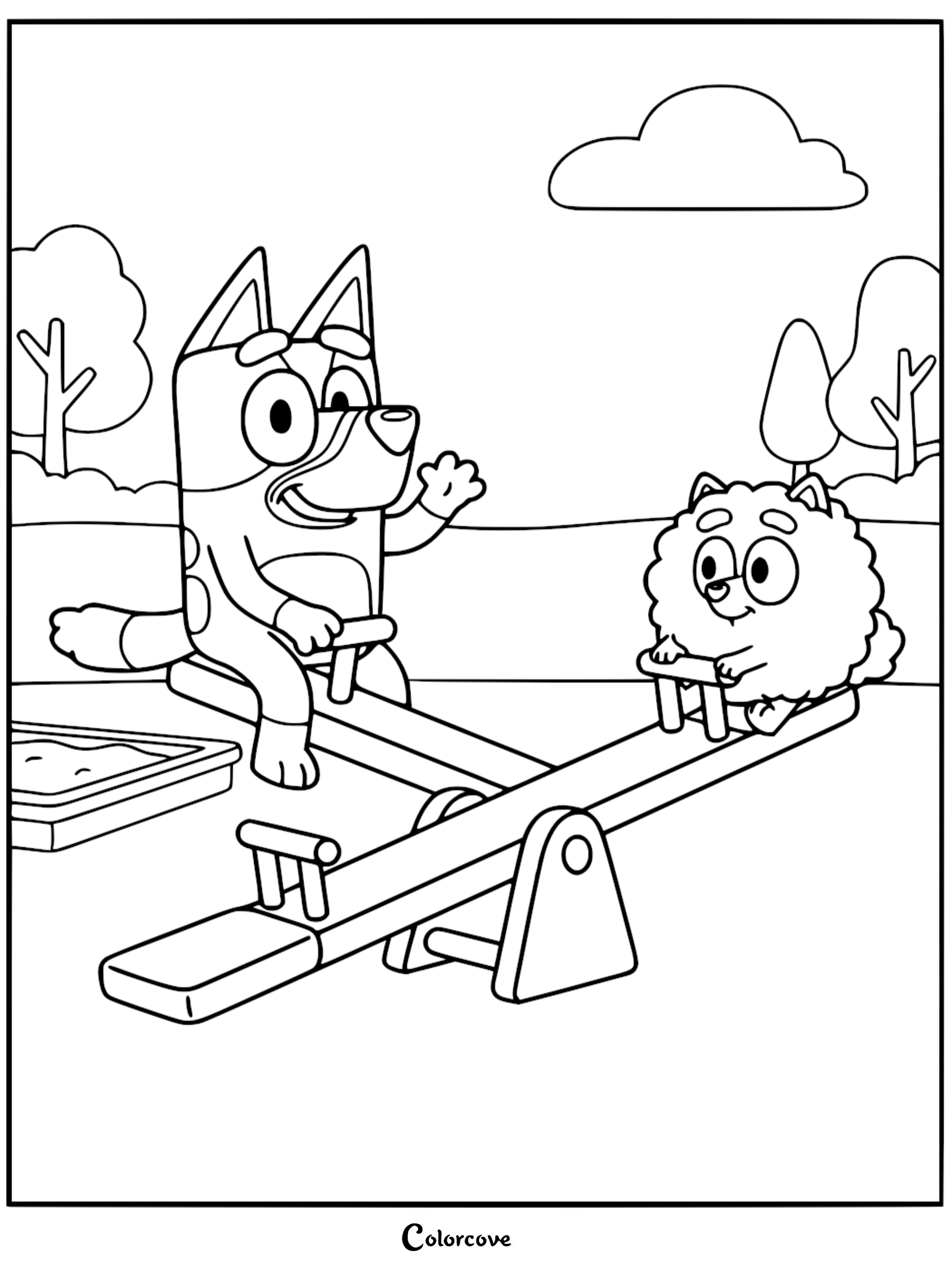 Line art coloring page of Bluey waving while riding a seesaw with Pom Pom at a playground near a sandbox.