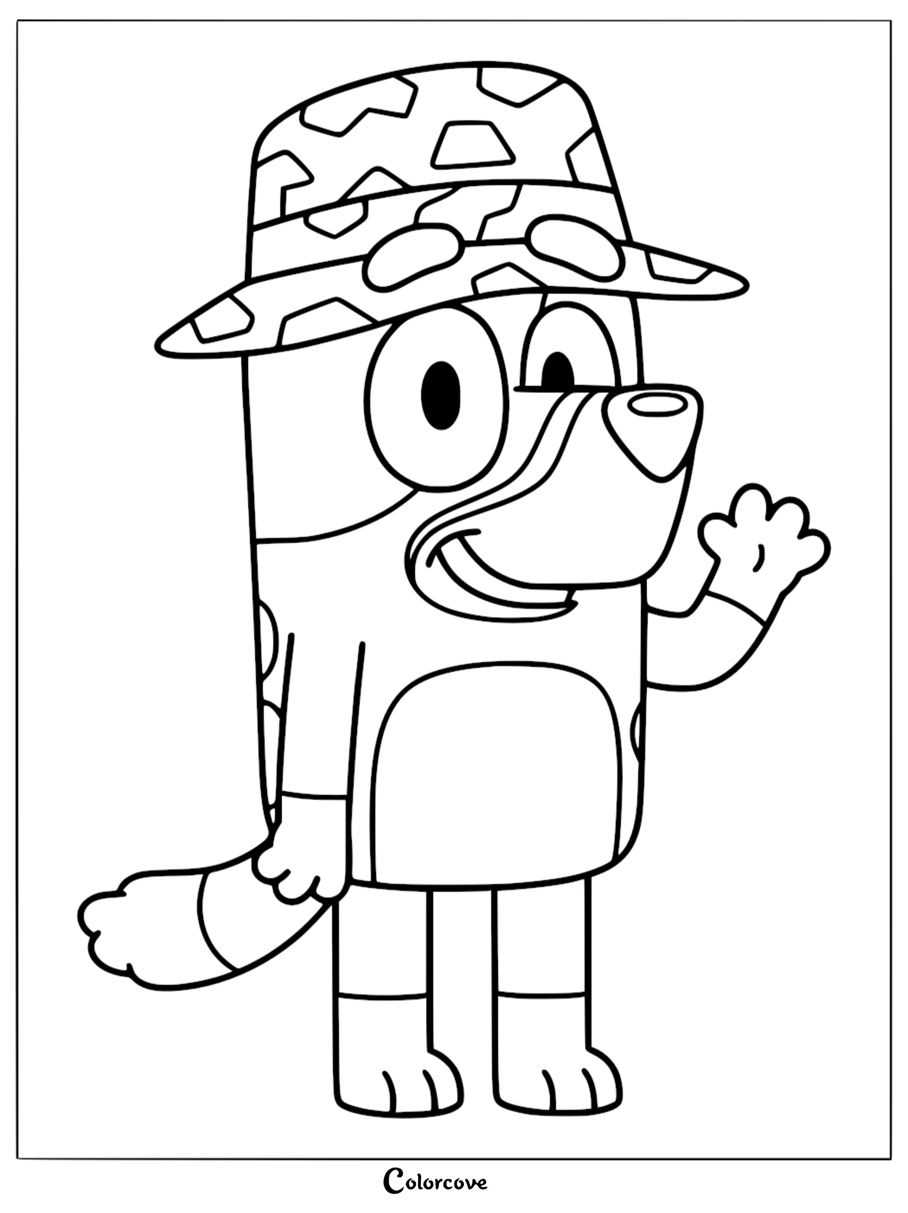 A black and white coloring page of Bluey wearing a patterned bucket hat and waving her hand with a happy expression.
