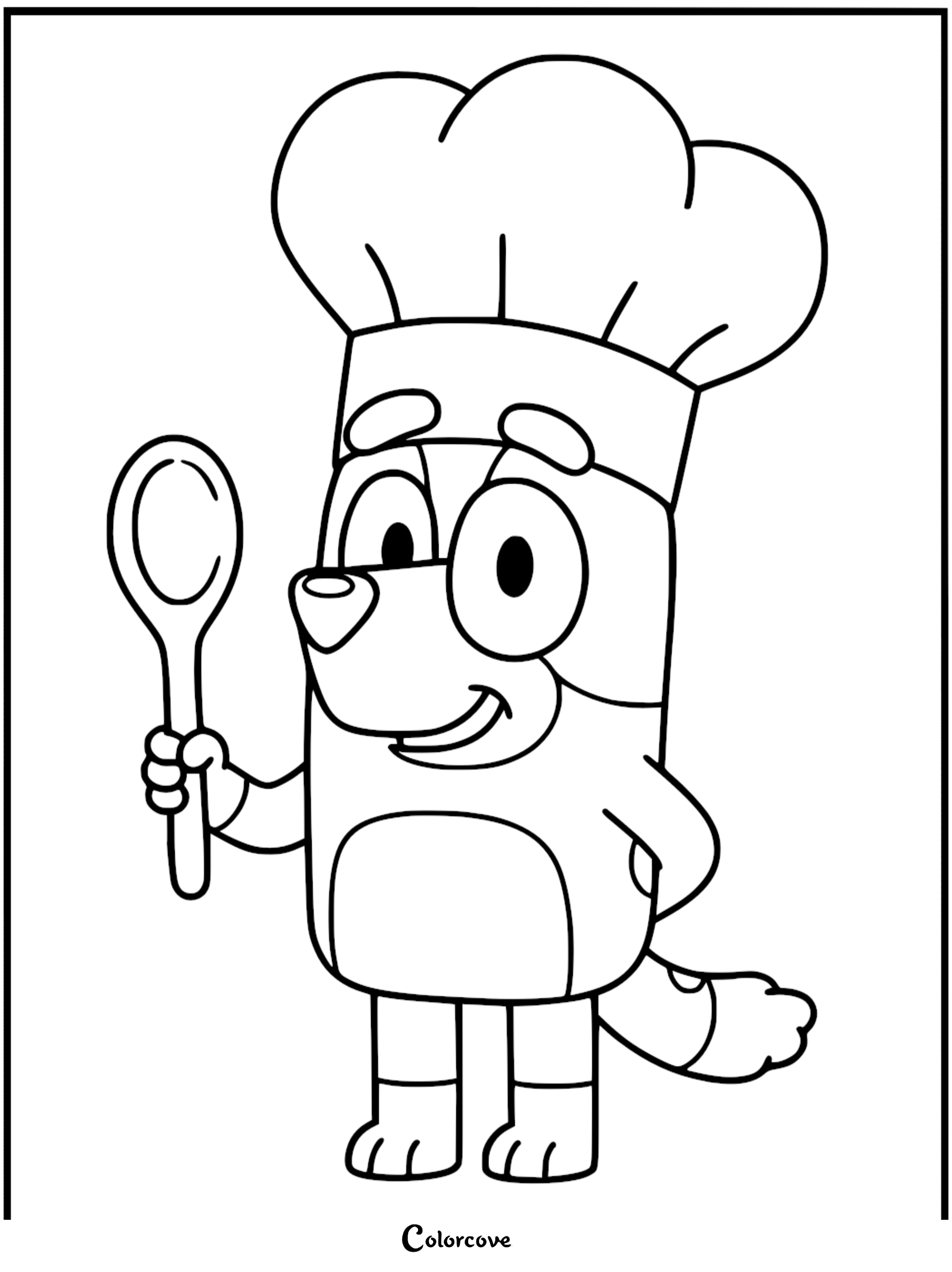 A black and white coloring page of Bluey wearing a tall chef's hat and holding a wooden mixing spoon.