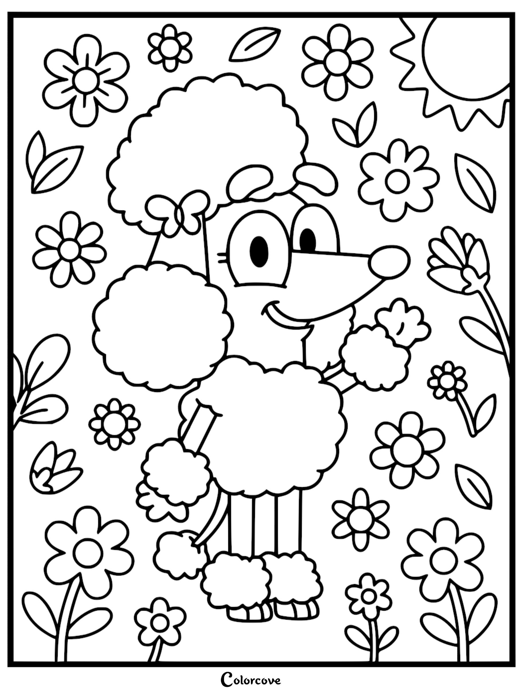A detailed line art coloring page of Coco from Bluey standing in a garden of flowers under a bright sun.