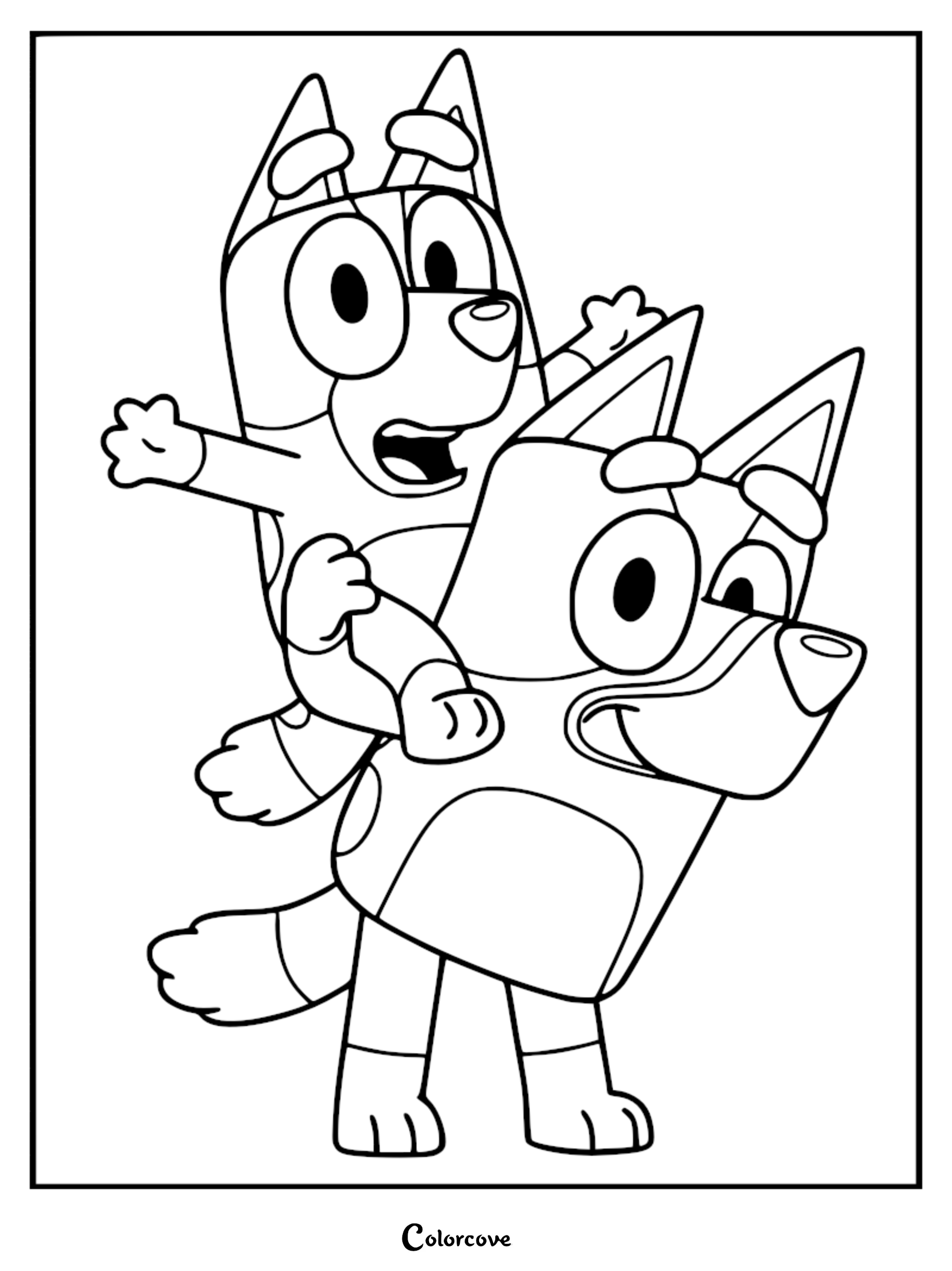 A line art coloring page of Bluey and Bingo holding massive triple-scoop ice cream cones with an ice cream truck in the background.