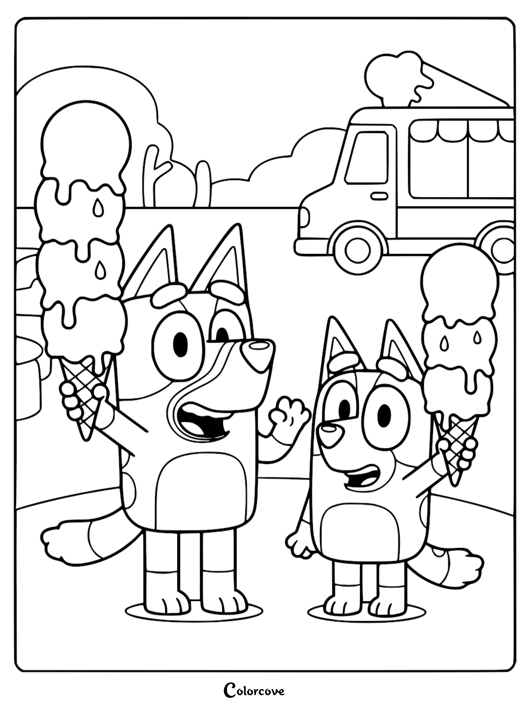 A detailed line art coloring page of Bluey and Bingo holding tall triple-scoop ice cream cones in front of a parked ice cream truck.