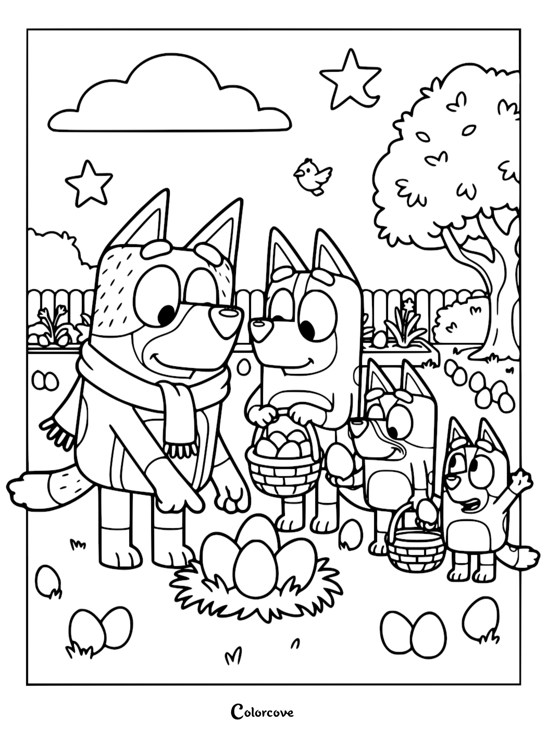 A Bluey coloring page of Bandit wearing a scarf, Chilli, Bluey, and Bingo finding a nest of eggs in a backyard.