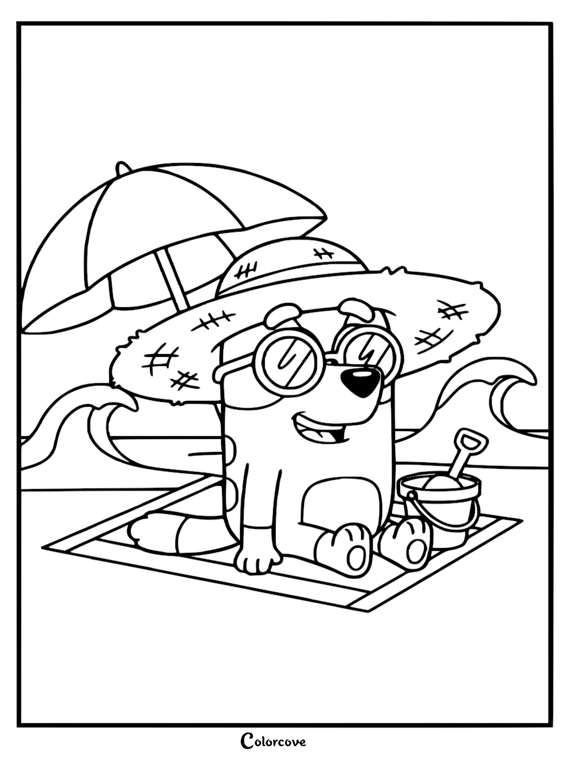 A detailed line art coloring page of Bluey wearing a straw hat and sunglasses while sitting on a beach towel under an umbrella with a sand bucket.