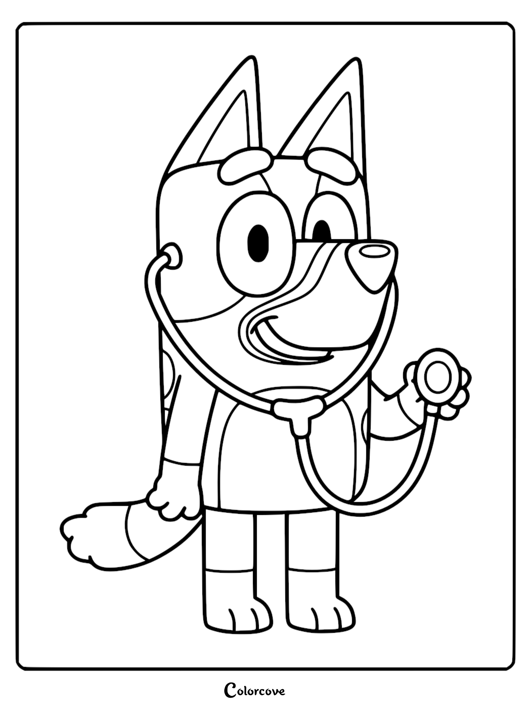 A black and white coloring page of Bluey wearing a stethoscope and holding the chest piece while playing doctor.