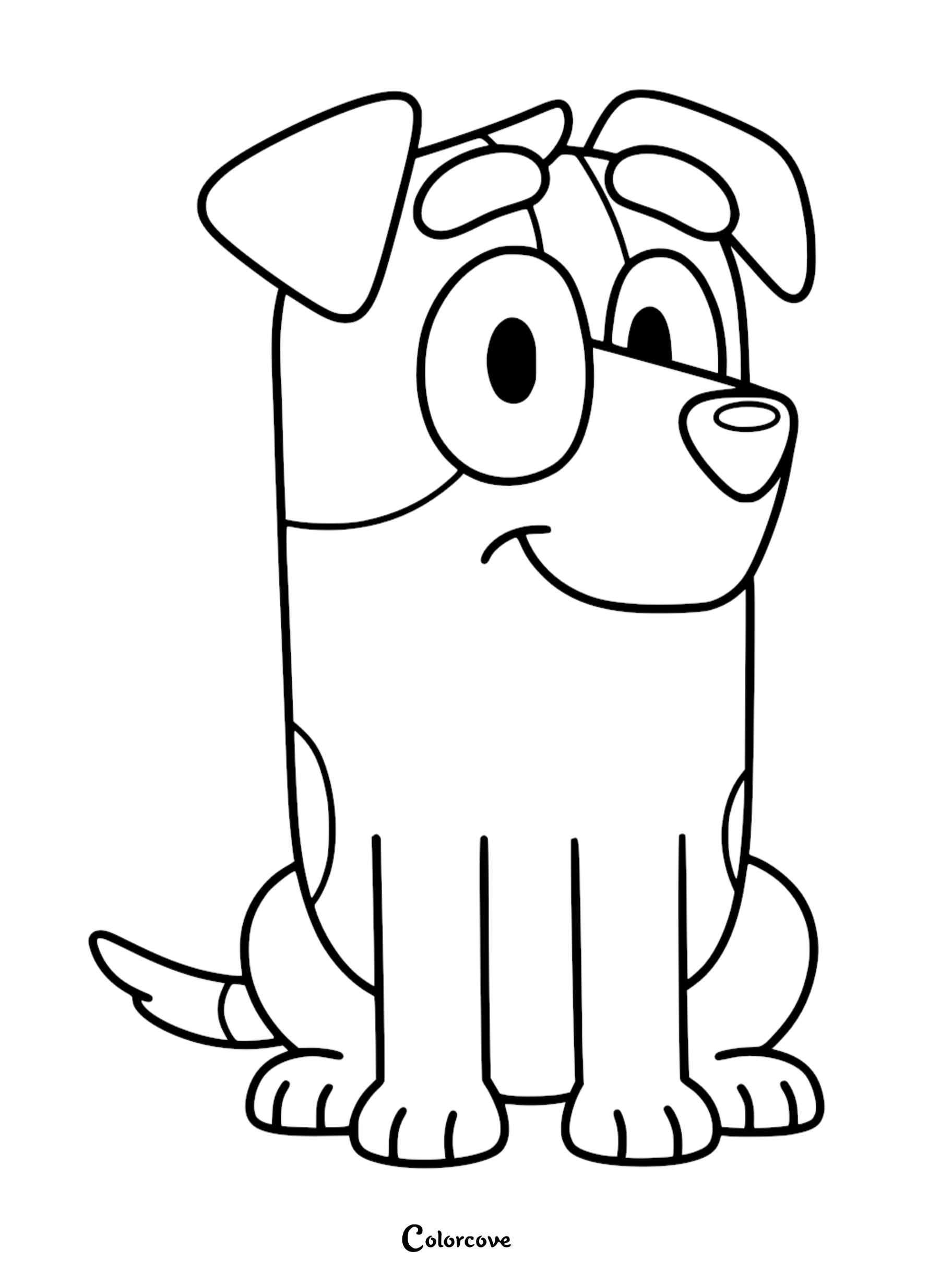 A simple line art coloring page of Jack from Bluey sitting down with a cheerful smile and floppy ears.