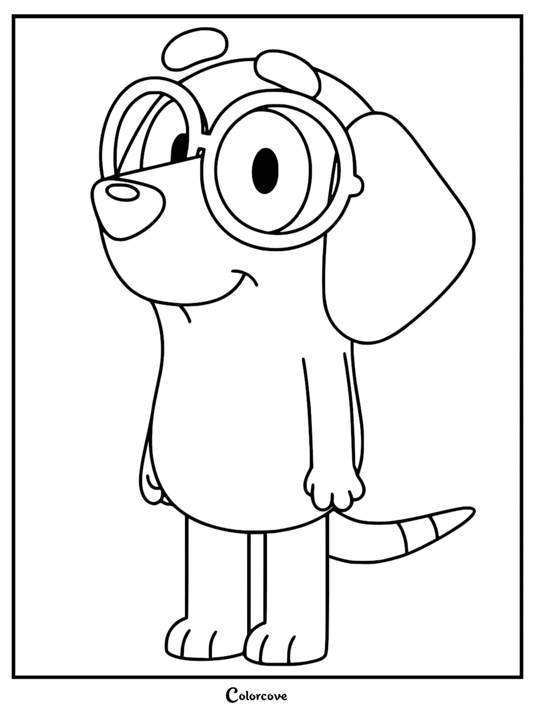 A black and white coloring page of Honey from Bluey wearing large round glasses and standing with a smile.