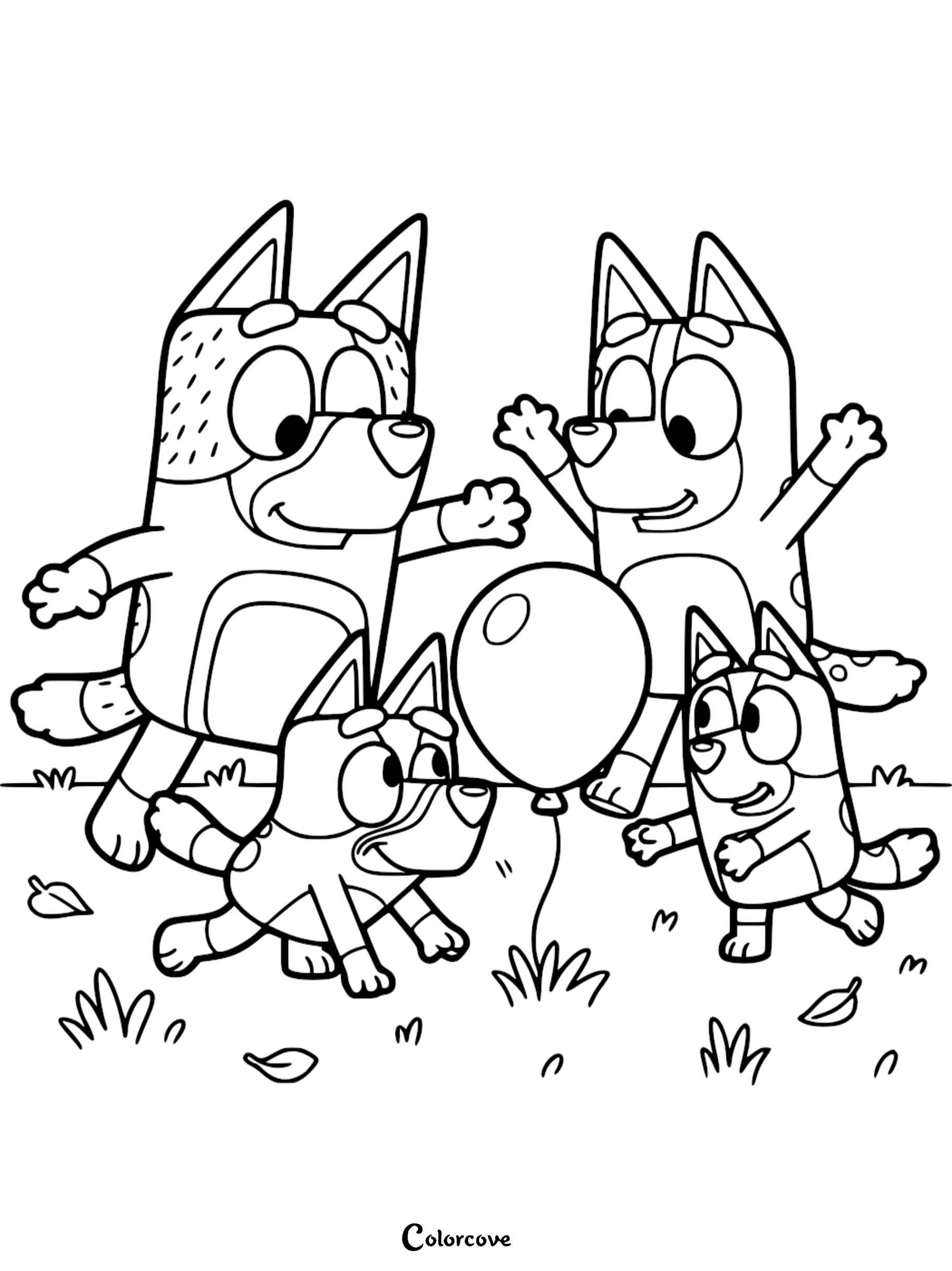 A detailed coloring page showing Bandit, Chilli, Bluey, and Bingo playing Keepy Uppy with a balloon in a grassy yard.
