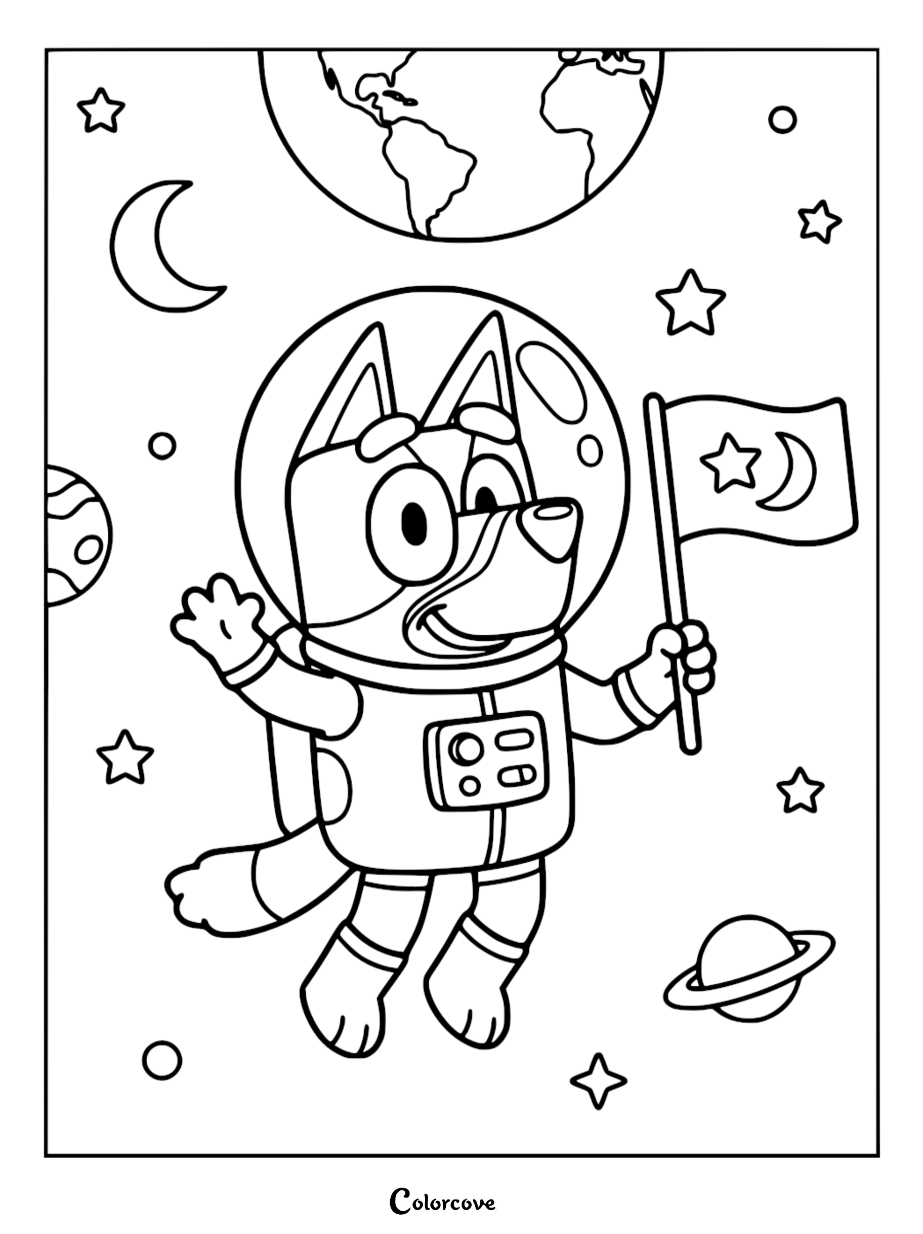A detailed coloring page of Bluey wearing an astronaut suit and helmet while floating in outer space, holding a flag with a crescent moon and star, with Earth and Saturn in the background.