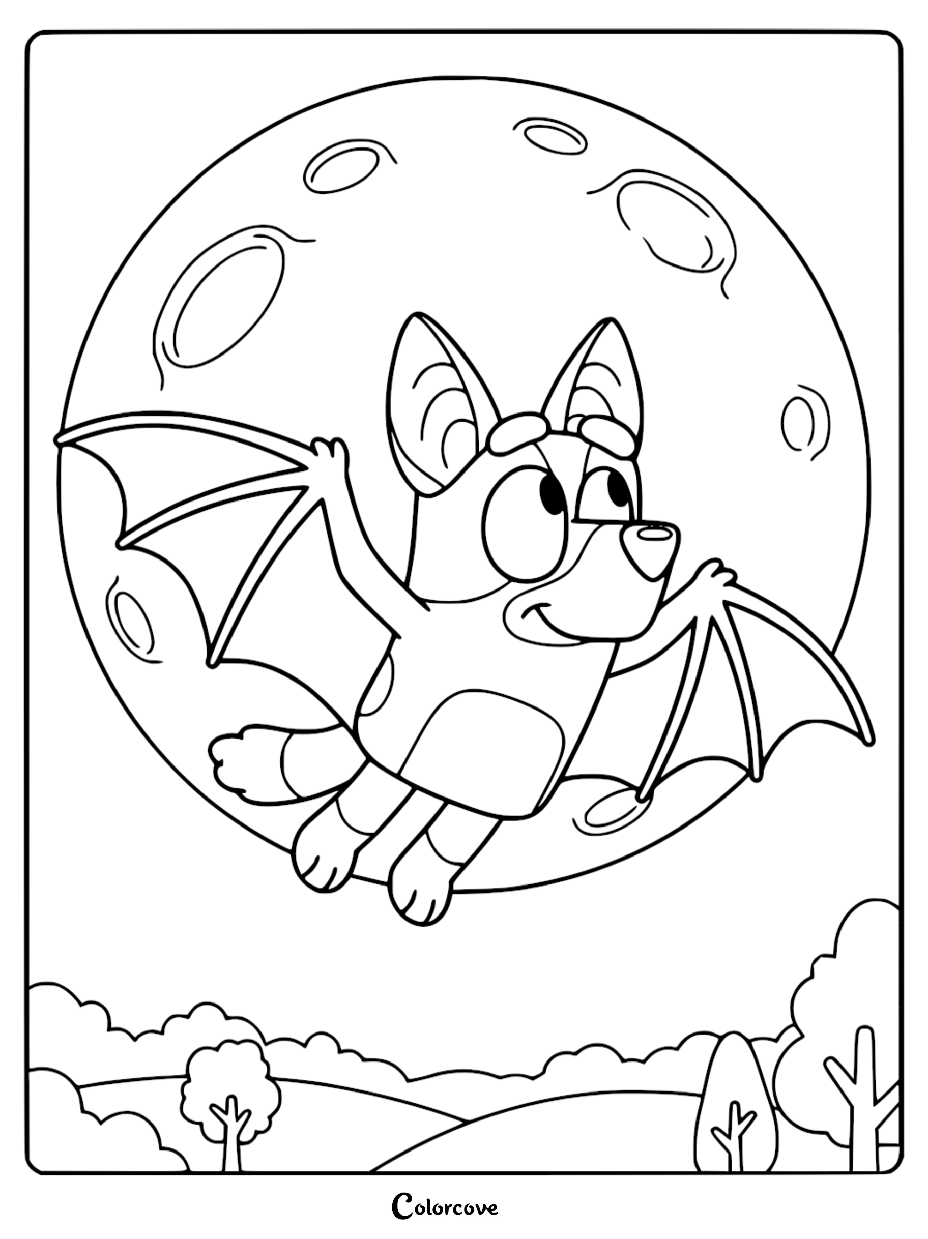 A detailed line art coloring page featuring Bluey wearing fruit bat wings while flying across a large cratered full moon over a hilly landscape with trees.