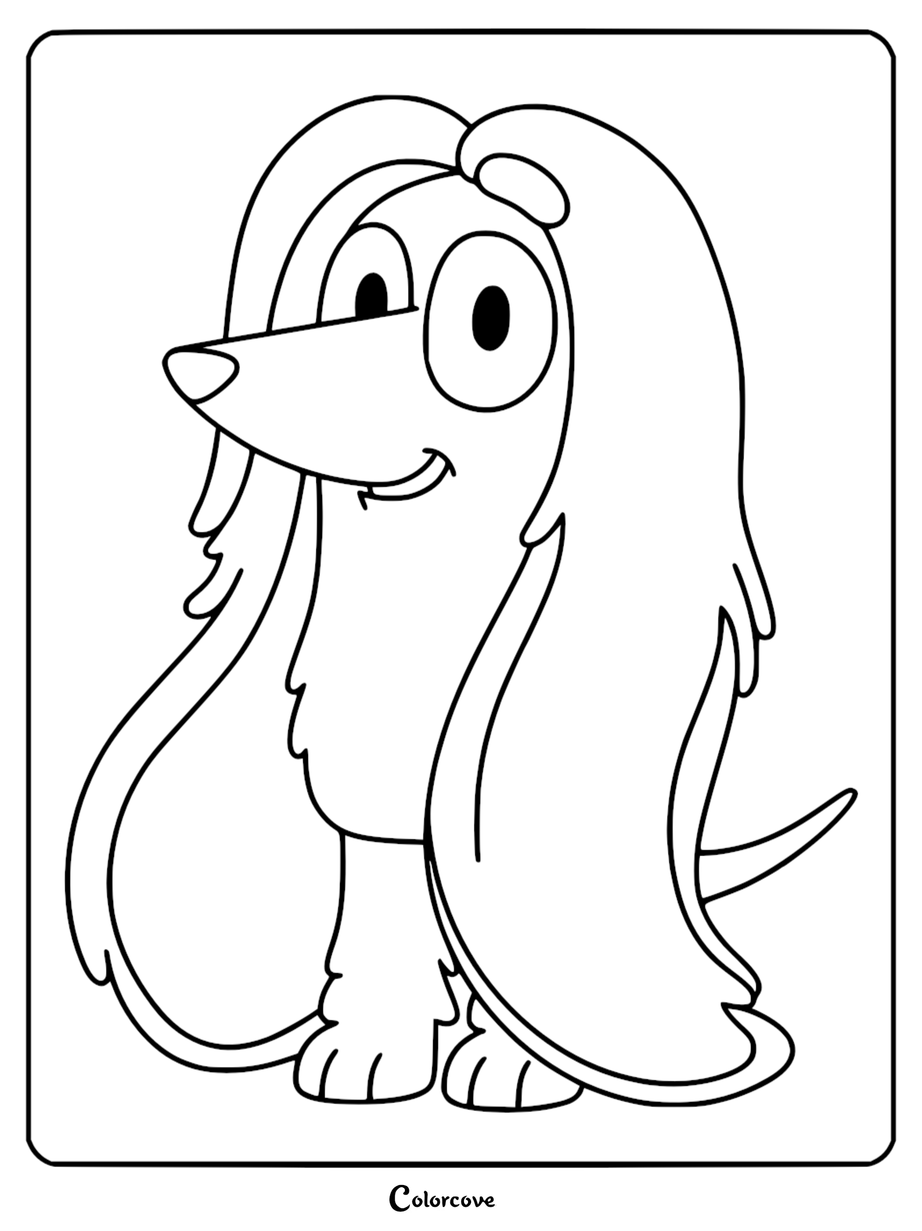 A printable coloring page of Indy from Bluey showing her long flowing hair and smiling face in black and white line art.