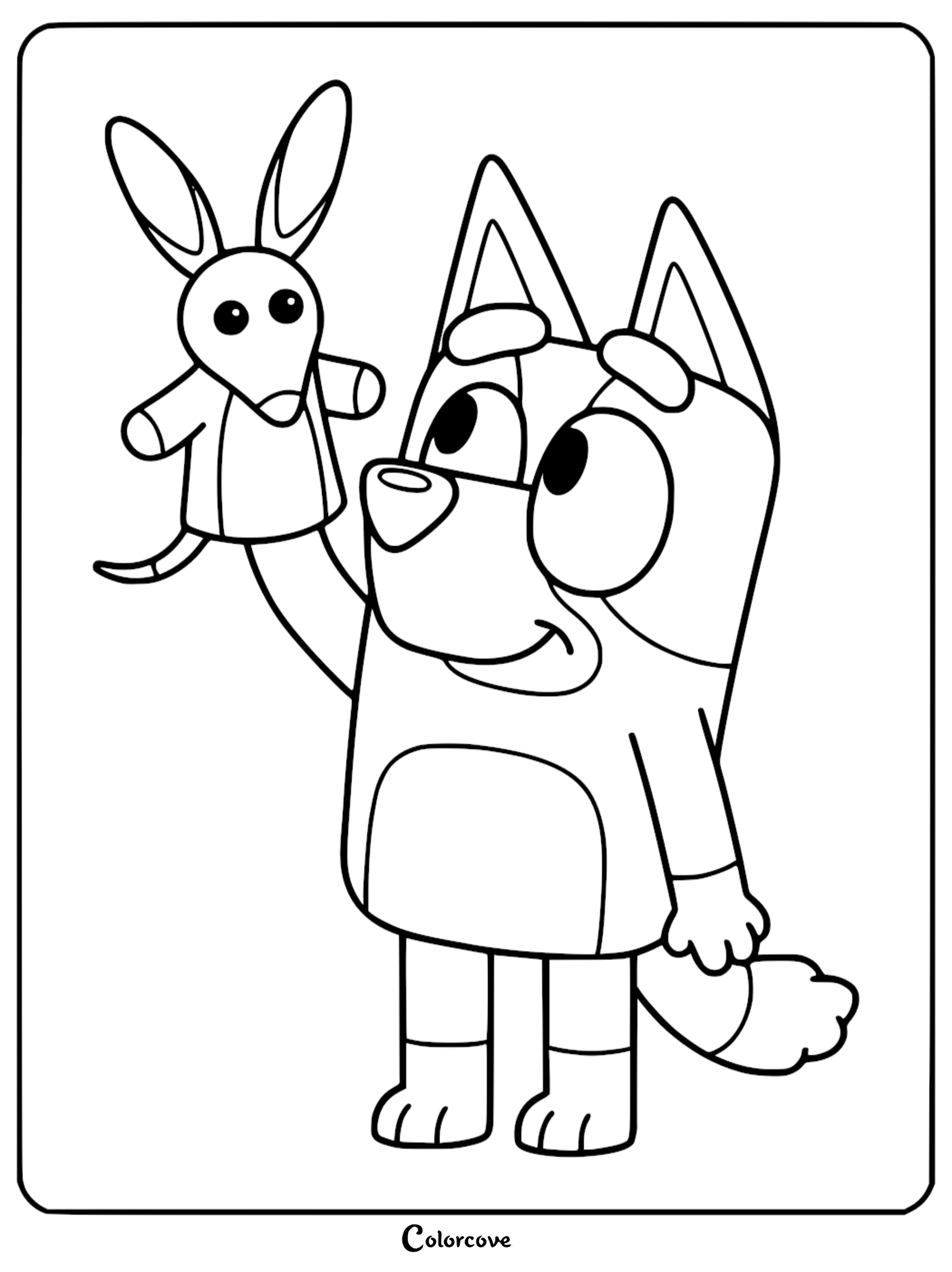 A detailed coloring page of Bluey holding up a kangaroo hand puppet with large ears and a small tail.