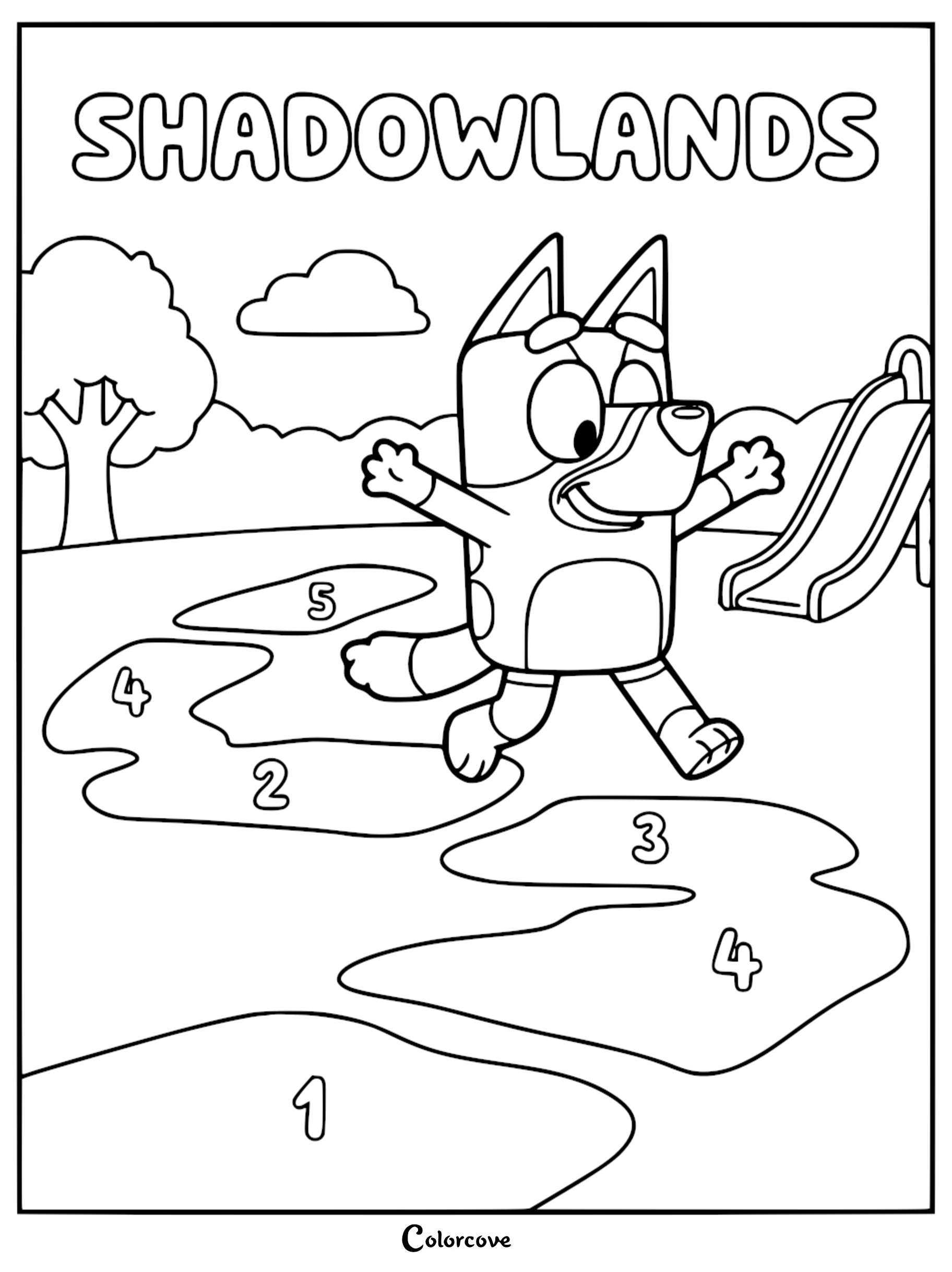 A detailed coloring page of Bluey playing the Shadowlands game, jumping between numbered shadow patches on a playground with a slide.
