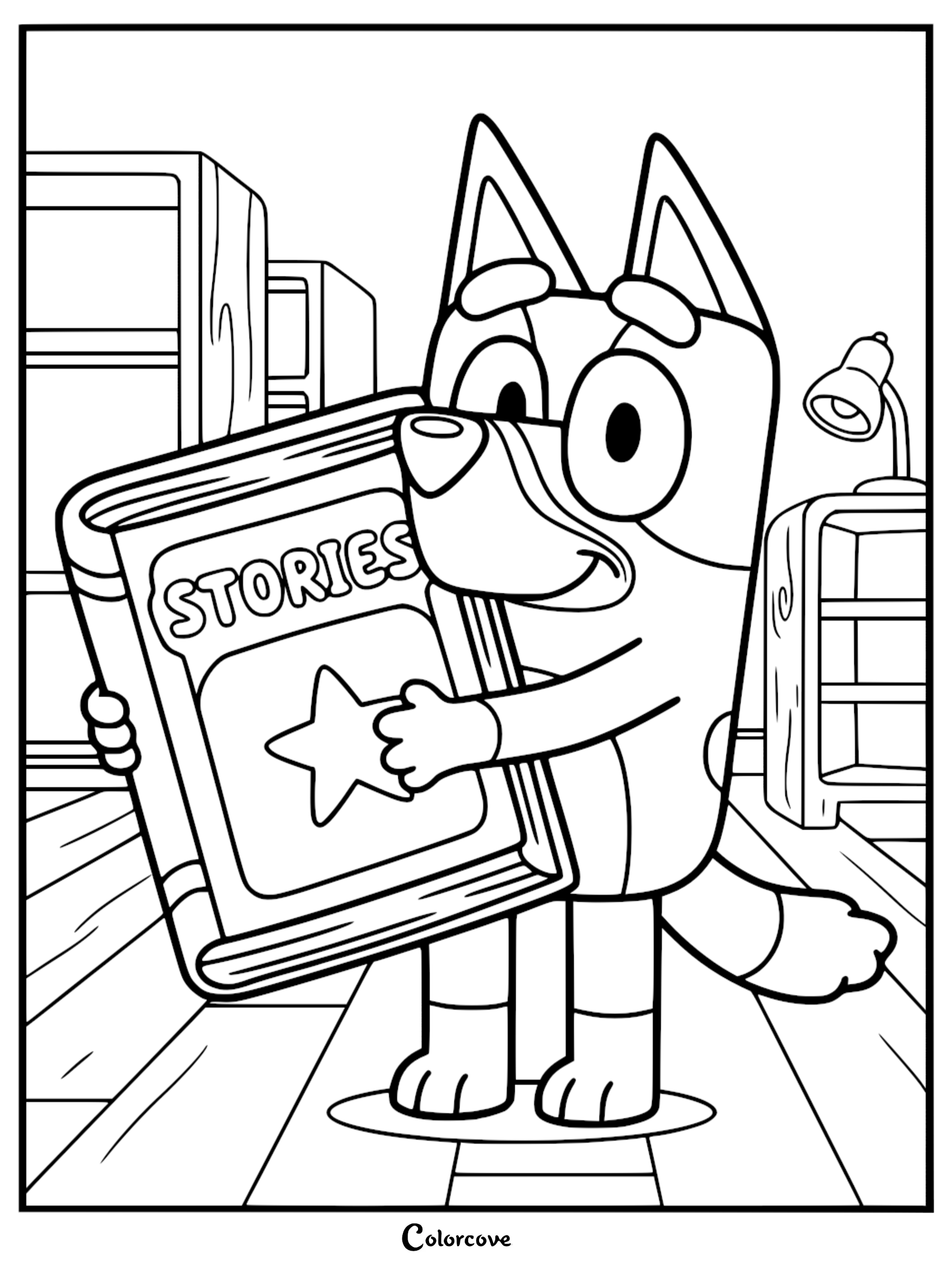 A detailed line art coloring page of Bluey holding a large book titled STORIES with a star on the cover in a room with a lamp and bookshelf.