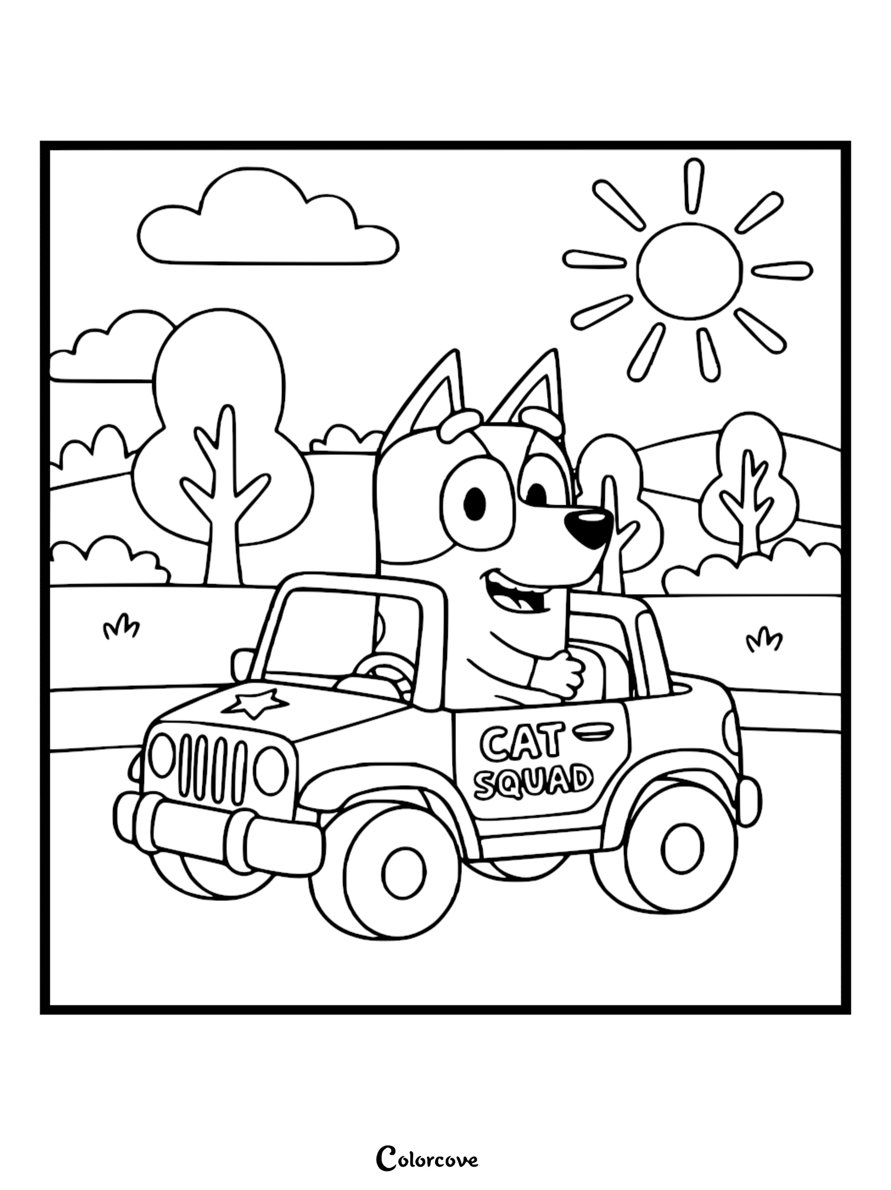 A line art coloring page of Bluey driving a Cat Squad toy jeep with a star on the hood under a bright sun and clouds.