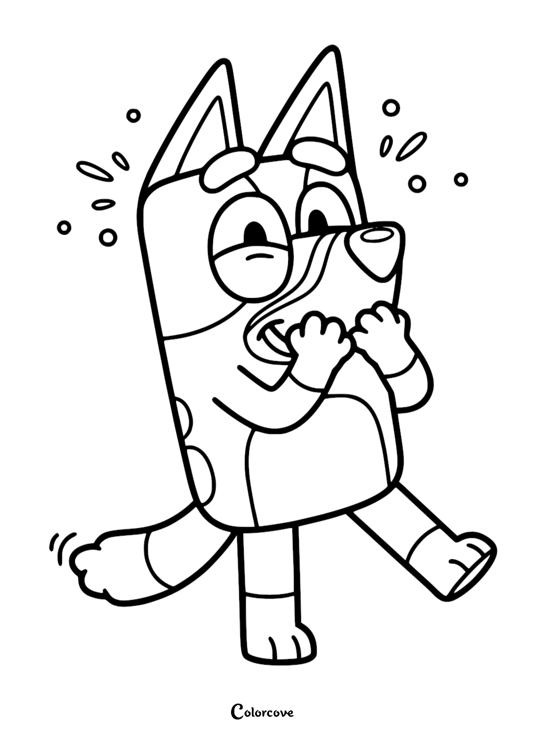 A black and white coloring page of Bluey looking anxious with sweat droplets and paws near her mouth.