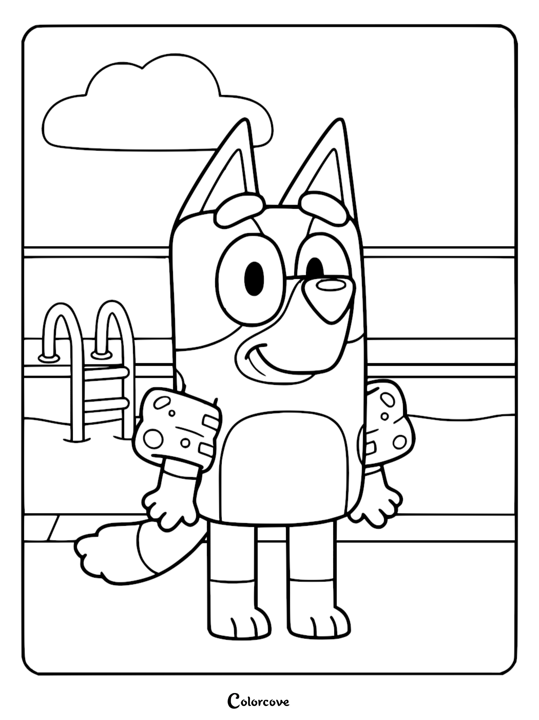 A detailed Bluey coloring page showing Bluey wearing spotted arm floaties while standing next to a swimming pool with a ladder.