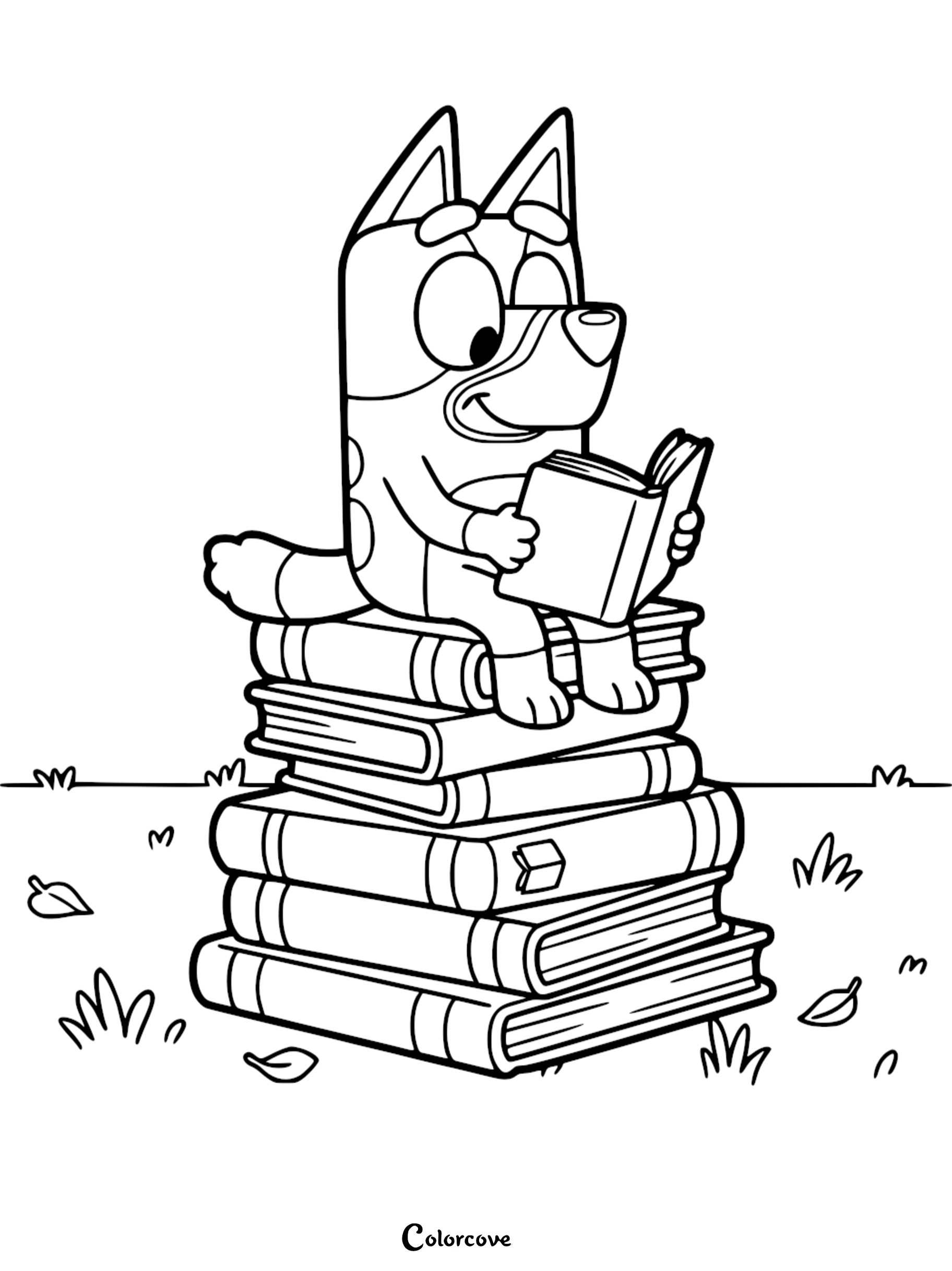 A detailed line art coloring page of Bluey sitting atop a high stack of hardcover books while reading an open book in a grassy field with scattered leaves.
