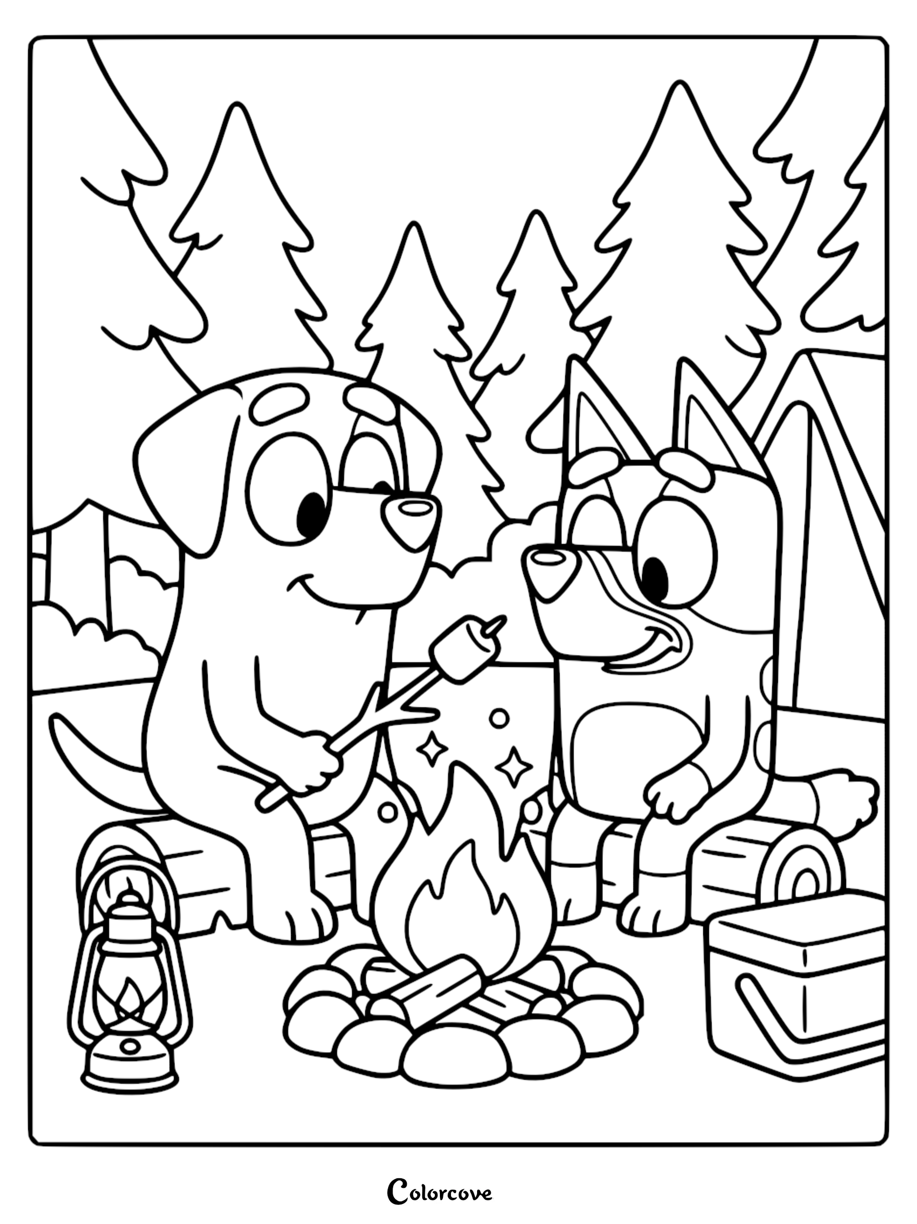 A detailed coloring page showing Bluey and Jean-Luc sitting on logs by a campfire, roasting a marshmallow in front of a tent and pine trees.