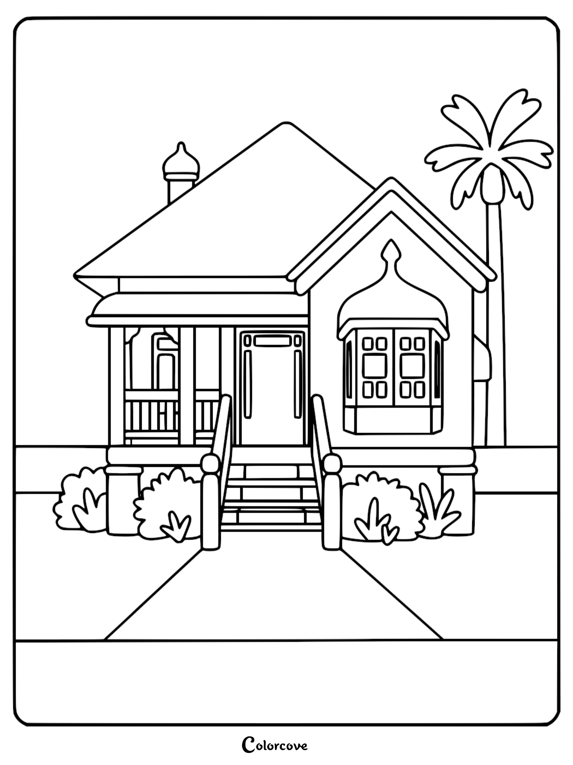 A detailed coloring page of the Heeler family house featuring the iconic front porch, bay window, and a tall palm tree in the yard.