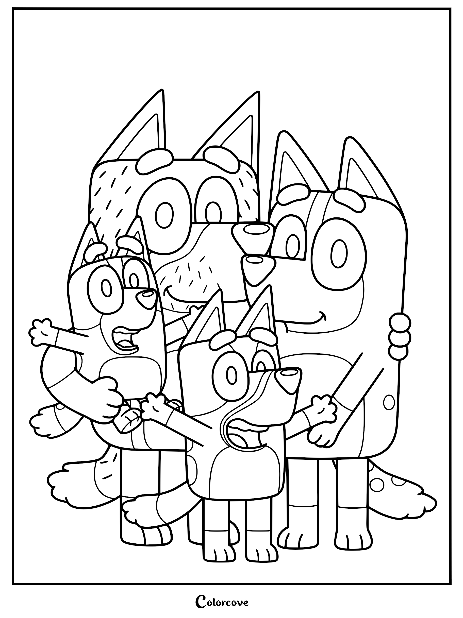 Line art coloring page featuring Bandit, Chilli, Bluey, and Bingo sharing a happy group hug.