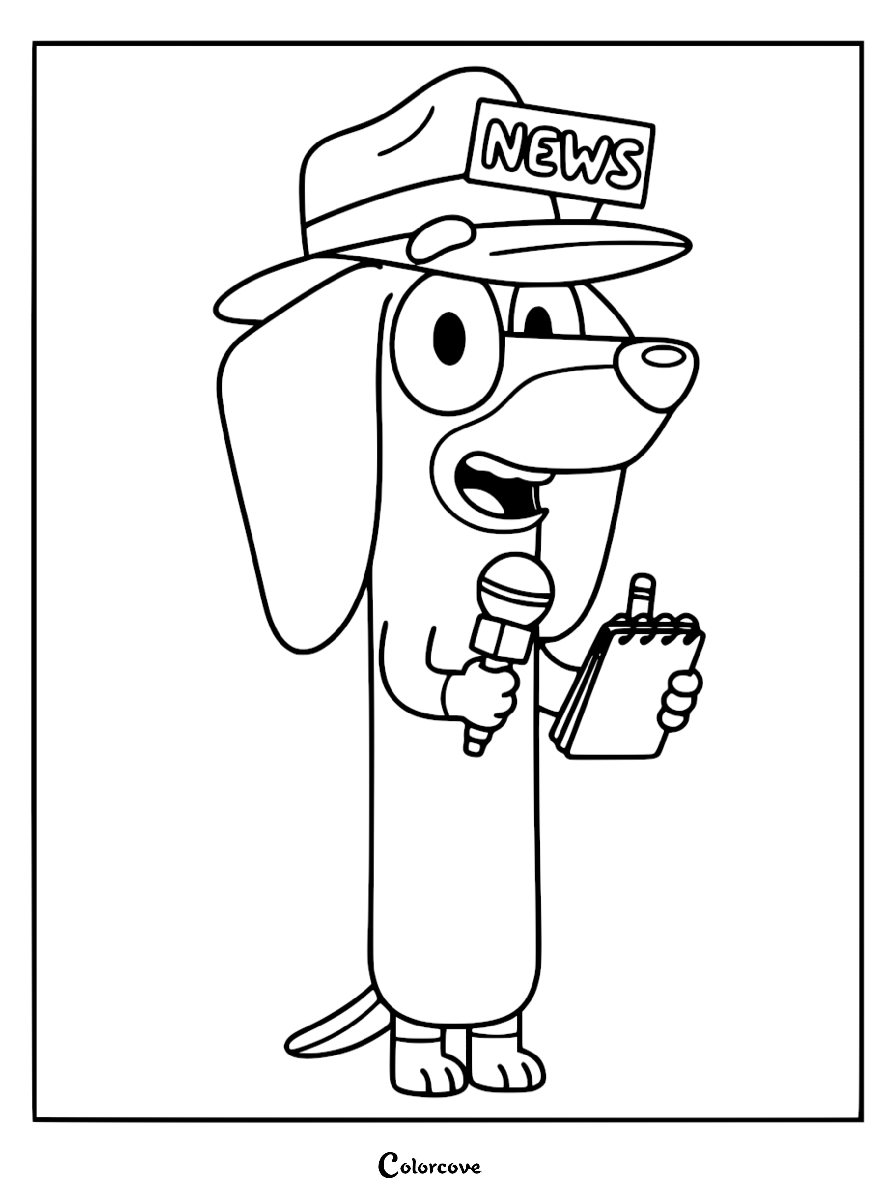 A detailed line art coloring page of Snickers from Bluey dressed as a news reporter, wearing a fedora with a news tag and holding a microphone and notepad.