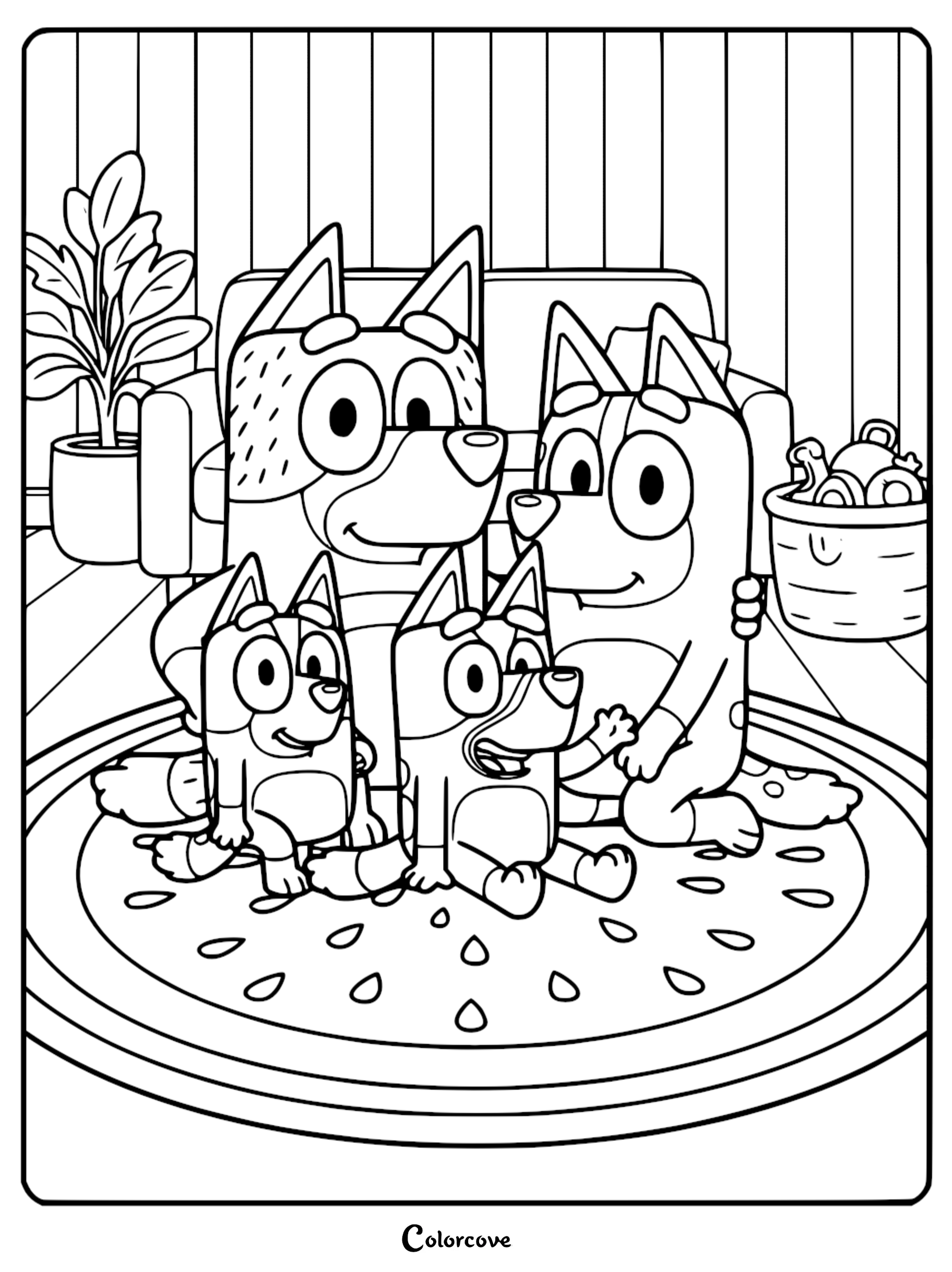 A detailed coloring page of Bandit, Chilli, Bluey, and Bingo sitting together on a watermelon-patterned rug in their living room.