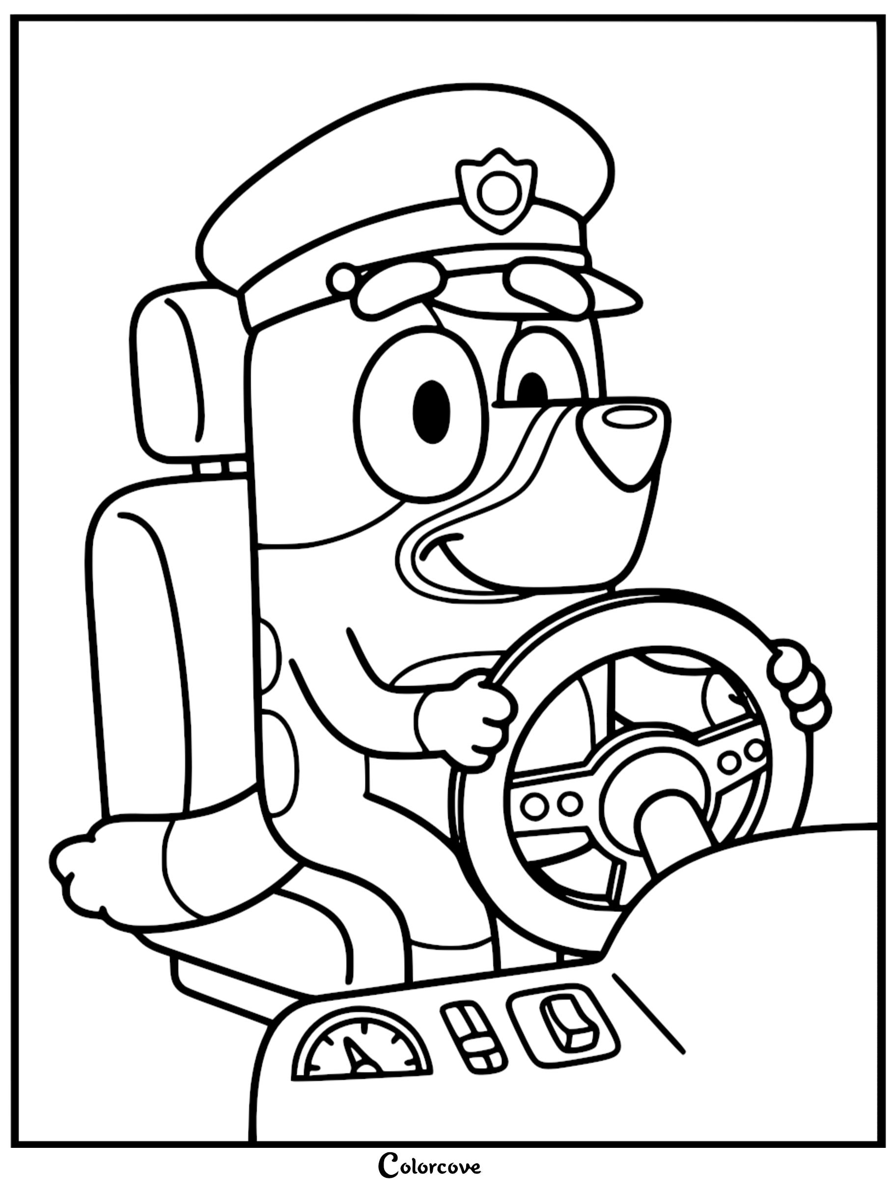 A detailed coloring page of Bluey wearing a driver's cap and steering a vehicle from the driver's seat.